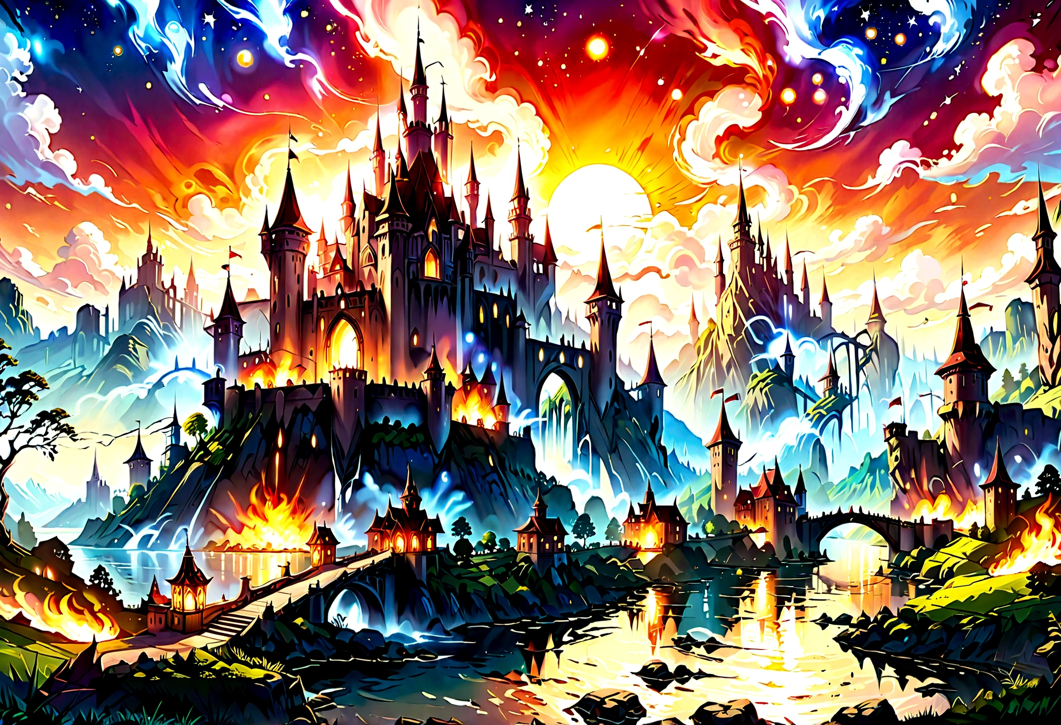 Arafed, an award winning picture, National Geographic style, magnificent artistic picture of a castle on a mountain range near a lake at dusk, fantasy art D&D art, castle, with towers, turrets, barbican, it is dusk time, the sun is going down, and there are stars in the skies, the last rays of sun, there is a ((bridge lit by torches: 1.4)) crossing to the other side, fantasy forest background, ultra best realistic, best details, 16k, [ultra detailed], masterpiece, best quality, (extremely detailed), photorealism, depth of field, hyper realistic painting, Cinematic Hollywood Film style, 