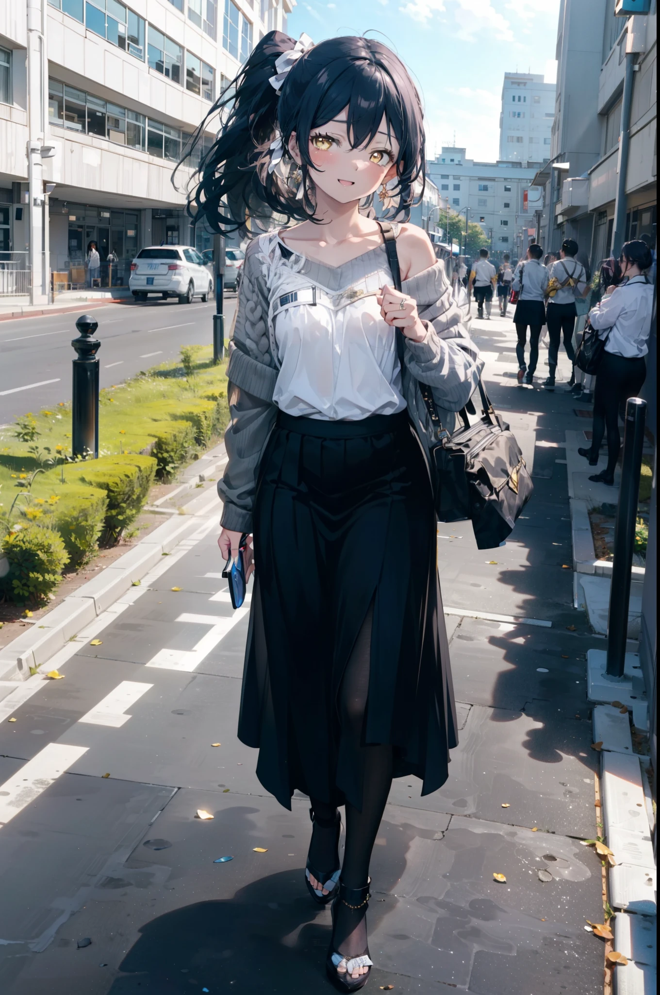 Kamisonoda, Umi Sonoda, Long Hair, ponytail,Blue Hair, (Yellow Eyes:1.5) (Flat Chest:1.2),happy smile, smile, Open your mouth,One-shoulder sweater,Long skirt,Black pantyhose,Stiletto heels,Daytime,Clear skies,walking,
break looking at viewer,whole body,
break outdoors,School,school gate,
break (masterpiece:1.2), highest quality, High resolution, unity 8k wallpaper, (figure:0.8), (Beautiful fine details:1.6), Highly detailed face, Perfect lighting, Highly detailed CG, (Perfect hands, Perfect Anatomy),