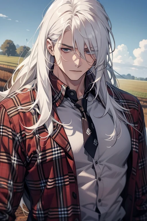 (1 man),close up shot, very long white hair, muscular, flannel shirt, farm background 