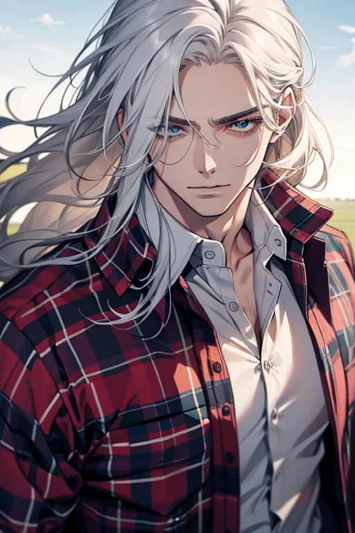 (1 man),close up shot, very long white hair, muscular, flannel shirt, farm background
