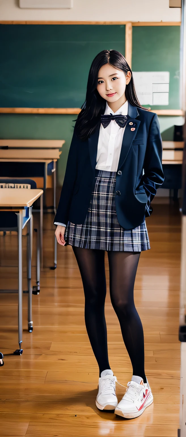 (Full body portrait:1.5)、Sharp Focus、Pretty Woman、Black Hair、College uniforms、The background is the classroom、A very childlike 20-year-old who looks 13、Very childlike、tights、sneakers、Checked skirt