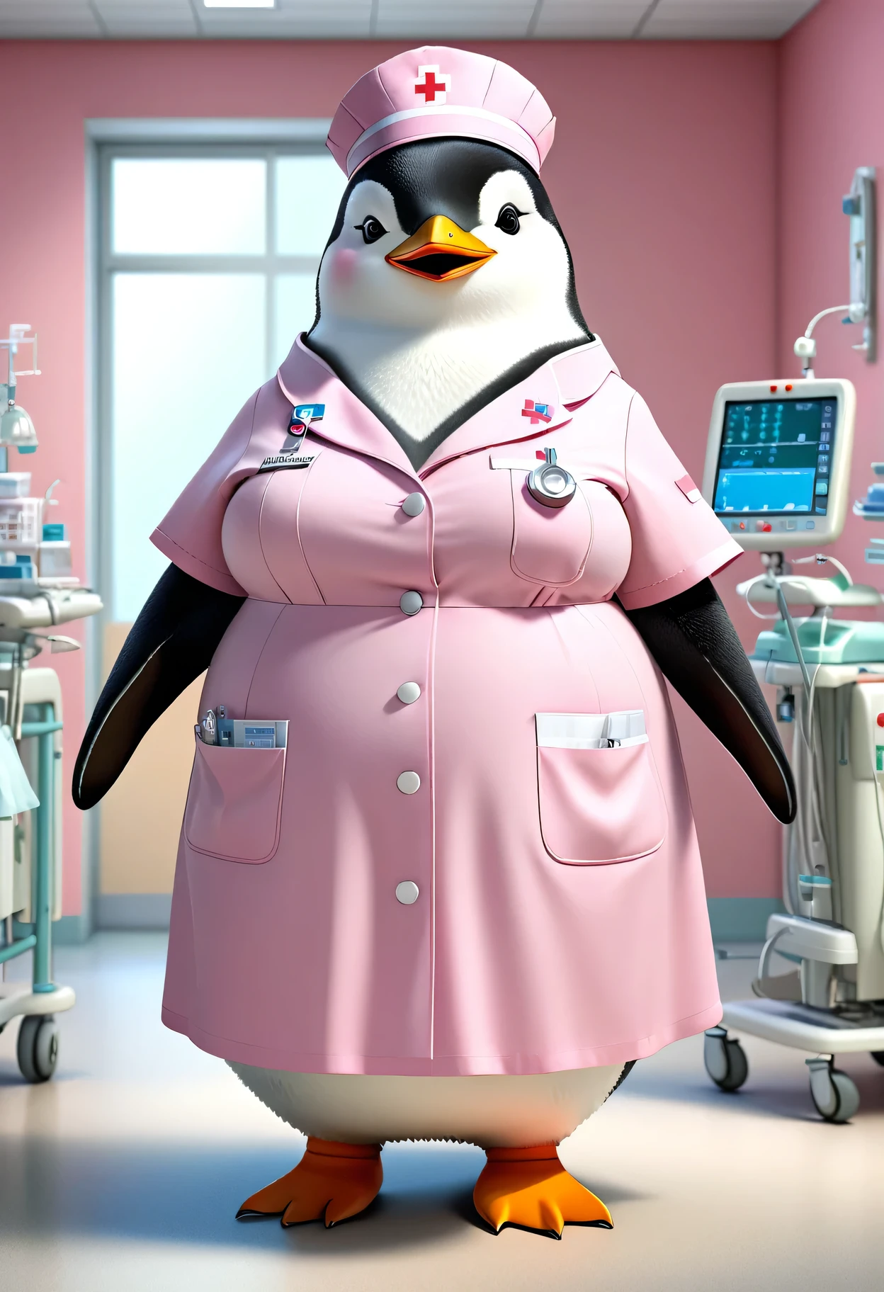 photorealistic portrait of Dressed animals - a ((fat))penguin nurse,(elegant pose:1.2),(hands in pockets:1.5), (elegant smile:1.2),(),high quality,(lovely) ,intricate details, highly detailed (( pink nurse costume)), wearing nurse cap and skirt , highly detailed medical equipment , (happy), perfect room lighting,(full body image:1.5),(hospital background:2.0)