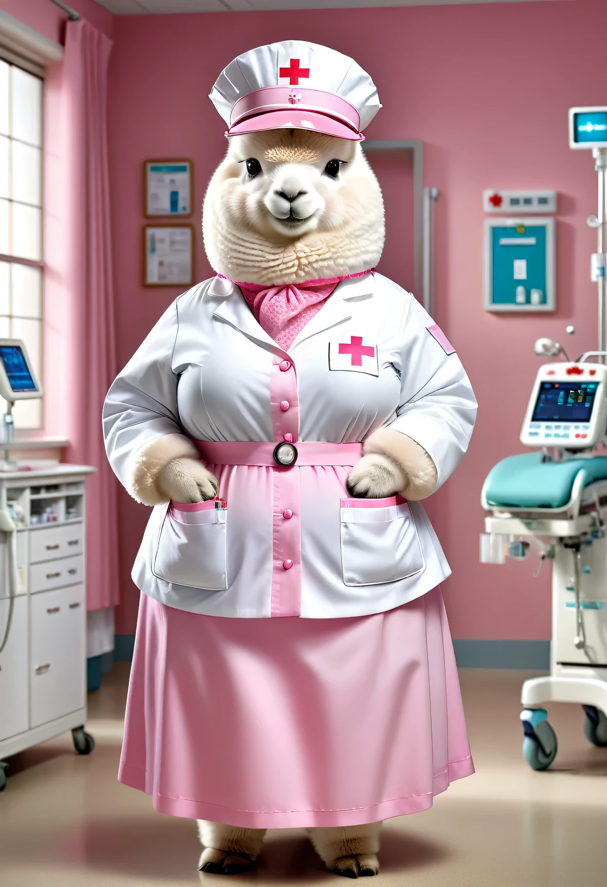 photorealistic portrait of Dressed animals - a ((fat)) white alpaca nurse,(elegant pose:1.2),(hands in pockets:1.5), (elegant smile:1.2),(),high quality,(lovely) ,intricate details, highly detailed ((pink nurse costume)), wearing nurse cap and skirt , highly detailed medical equipment , (happy), perfect room lighting,(full body image:1.5),(hospital background:2.0)