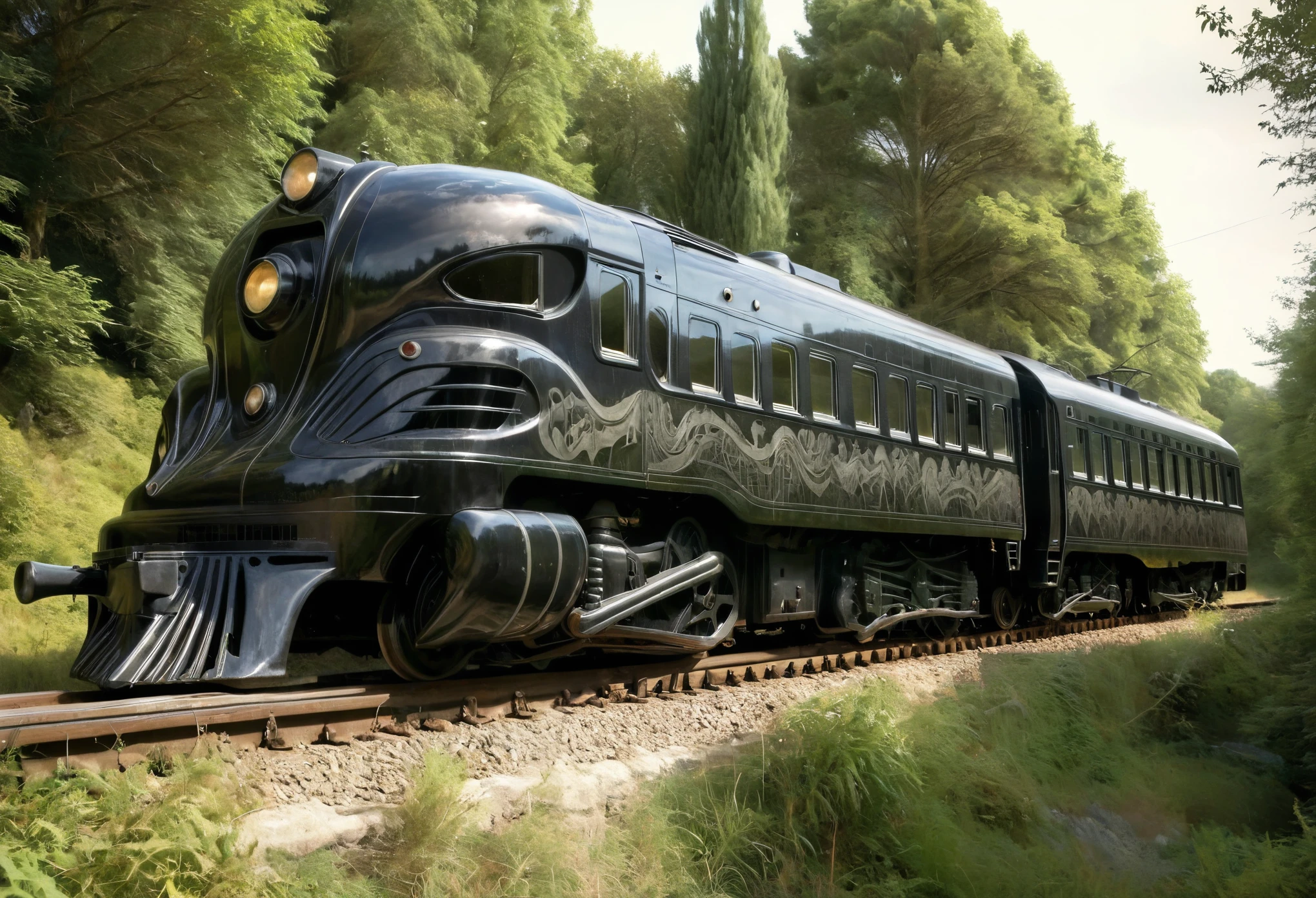 An art deco style train in the style of H R Giger with s Gohic overtone. The train is traveling through landscape inspired by the TV series 'The walking Dead'. Ultra realistic photo, vibrant colors, 8k