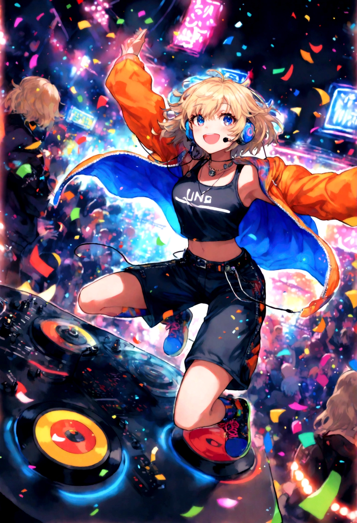 1 girl, kattyblum3, DJ, (26yr old),short hair, blonde hair, music, turntable, Earphone, (Colorful hair:0.8), Energetic, self-assured, atmosphere, Nightclub, Dance Floor, (Neon lights:1.3), techno music, High energy, (Radiant makeup:0.9), fashionable attire, (Crop top:0.7), (Leather pants:0.6), (Sneakers:0.8), Mix beats, (Jumps:1.1), crowd, (Excited expressions:0.9), Fascinating performance, (Vibrant stage lighting:1.2), Intense atmosphere, (Smoke machine:0.8), (Confetti:0.7), (Visual effects:1.1), (Hands in the air:1.3), (Edm:0.9), Energetic posture, (pixel art background:1.4), (Subwoofer:0.8), (DJ booth:1.2), Nightclub venue, (Lighting effects:1.1), (Party crowds:1.3), Electronic dance music. --AR 9:16 --q 1 --v 5.2 --AR 9:16 --Q 1 --Niji 5