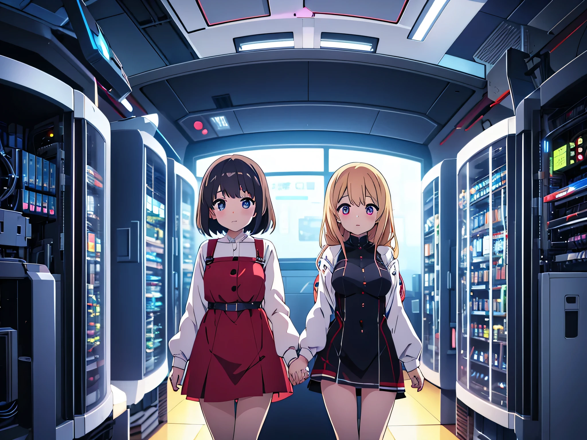 young and mature mini dress anime girls looking concerned holding hands in dark scary laboratory as they approach a large ancient robot connected to many high-tech mainframes, 8k high detail, atmospheric 