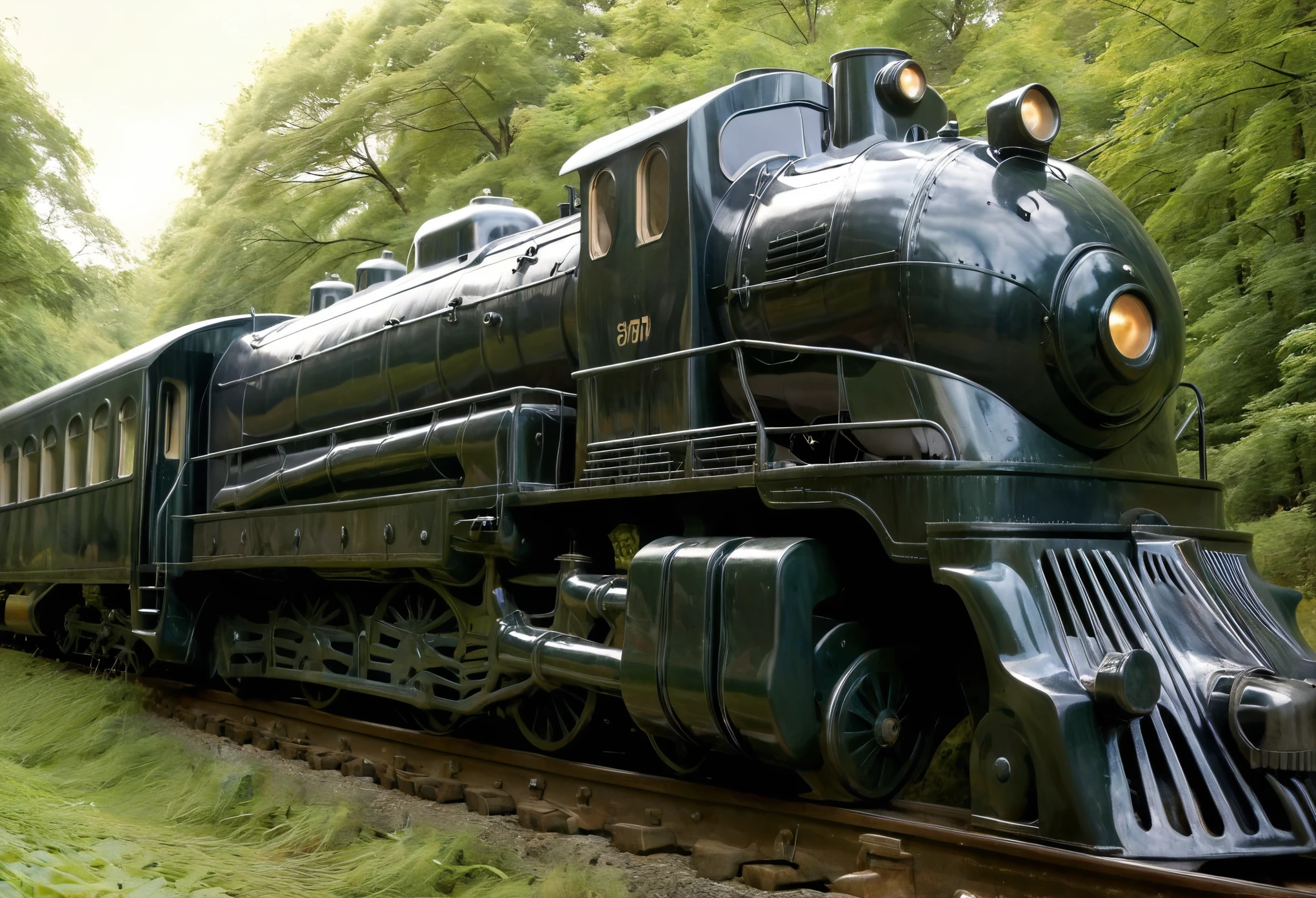 An art deco style train in the style of H R Giger with s Gohic overtone. The train is traveling through landscape inspired by the TV series 'The walking Dead'. Ultra realistic photo, vibrant colors, 8k