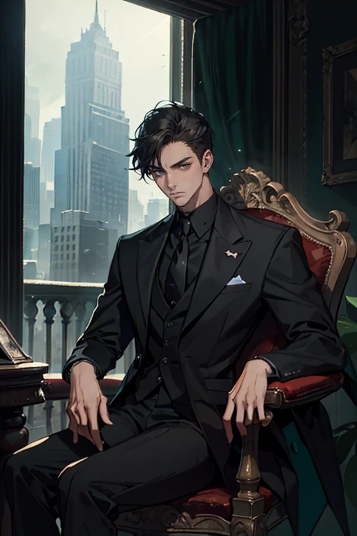 ((One young man with a black suit and tie)), gotham, alejandro, (((side swept dark short hair))), (dark green eyes and thick eyebrows), smirk, ((20 years old)), ((masterpiece)), posture dynamic, ((cinematic lighting)), (height tall around 5 foot 6), sitting on the chair