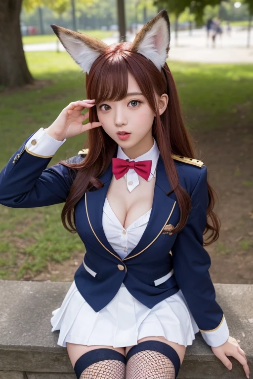 School grounds、Beautiful high school girls 1.5、White costume、((Turning around  1.5)、High school girl uniform 1.5、Fishnet tights、Garter Stockings、(Navy blue blazer uniform、Woman in a mini skirt 1.5)、Large 、The nipplesect、Open youth wide 1.2、A nice build of medium build、Red collar 1.5、Nice body 1.5))、I have long hair、Loose Curly Hair、Red Hair 1.5、Bunny ears、Fox&#39;s Tail、Full Body Shot