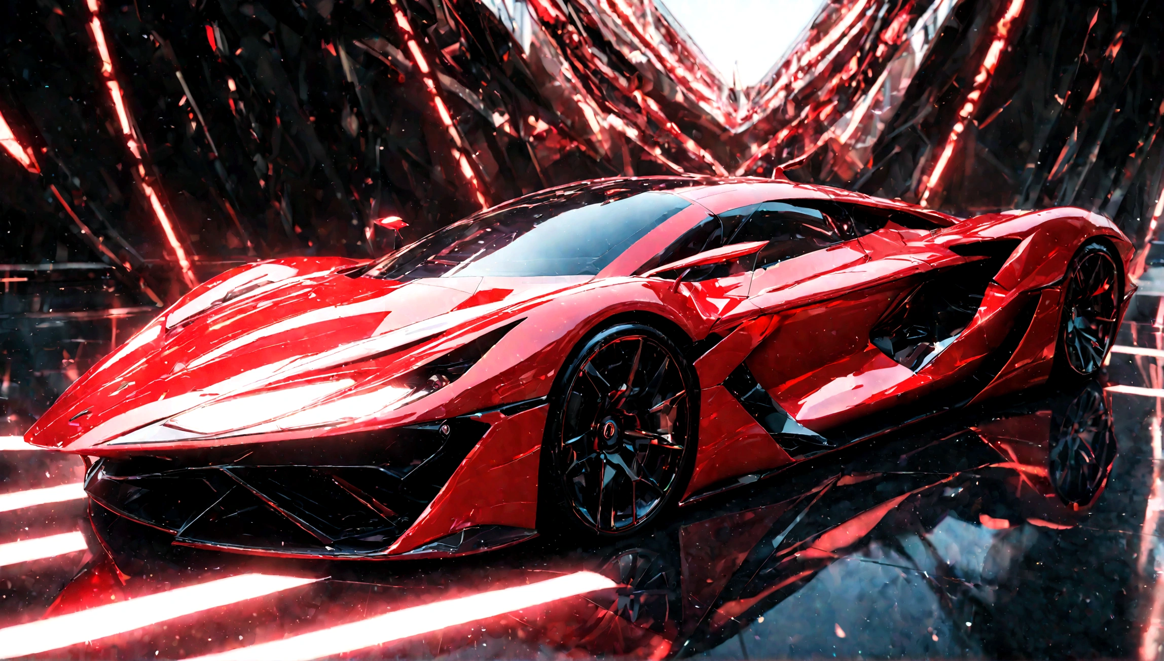 a futuristic supercar,highly detailed, 8k, photorealistic, glossy metallic finish, intricate mechanical parts, glowing neon accents, advanced aerodynamic design, sleek and angular body, vibrant red color, dramatic lighting, cinematic atmosphere, ground-level perspective