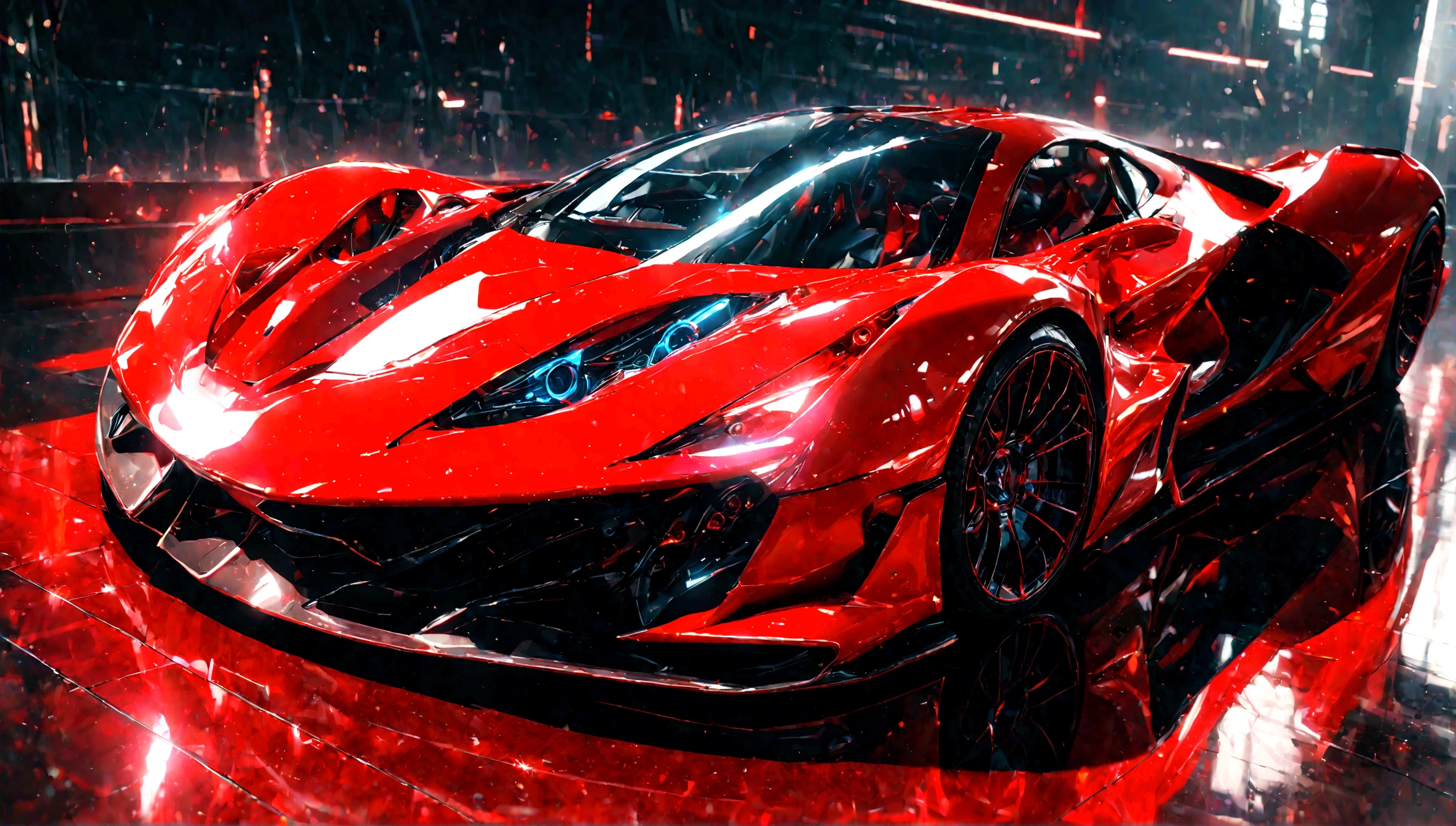 a futuristic supercar,highly detailed, 8k, photorealistic, glossy metallic finish, intricate mechanical parts, glowing neon accents, advanced aerodynamic design, sleek and angular body, vibrant red color, dramatic lighting, cinematic atmosphere, ground-level perspective