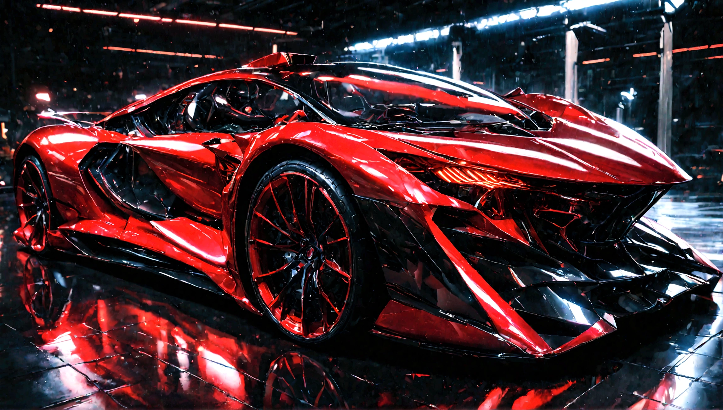 a futuristic supercar,highly detailed, 8k, photorealistic, glossy metallic finish, intricate mechanical parts, glowing neon accents, advanced aerodynamic design, sleek and angular body, vibrant red color, dramatic lighting, cinematic atmosphere, ground-level perspective