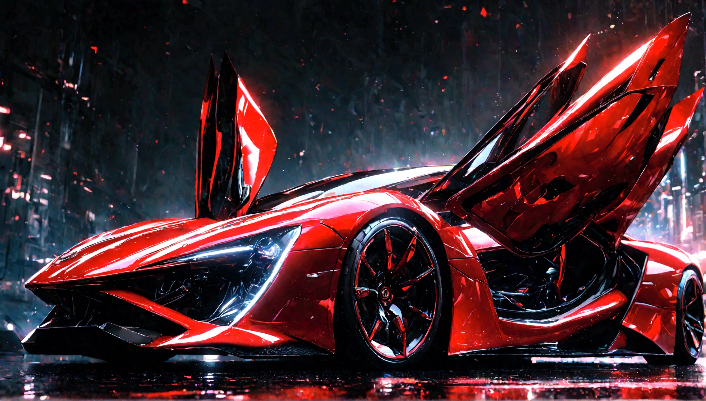 a futuristic supercar,highly detailed, 8k, photorealistic, glossy metallic finish, intricate mechanical parts, glowing neon accents, advanced aerodynamic design, sleek and angular body, vibrant red color, dramatic lighting, cinematic atmosphere, ground-level perspective