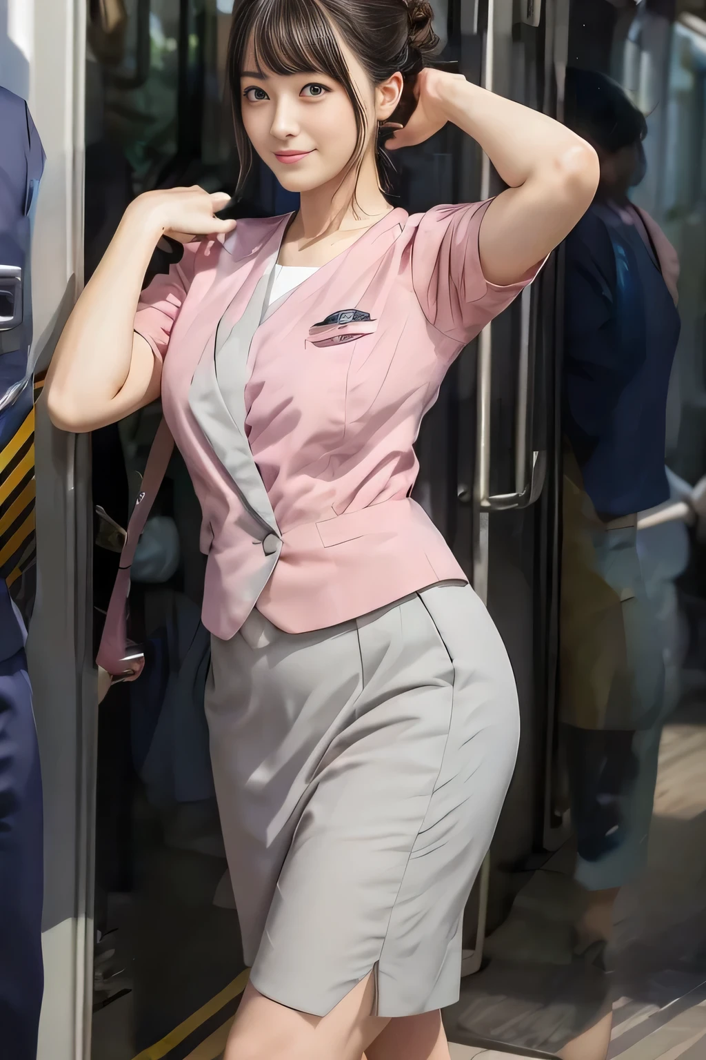 (masterpiece:1.2, highest quality:1.2), 32K HDR, High resolution, (alone、1 girl)、（On the rooftop of a building in the daytime、Professional Lighting）、Building rooftop background、（Nankai train crew uniform pinkを着たリアルスタイル）、（Nankai train crew uniform pink short sleeve pink jacket、Nankai Train Crew Uniform Pink Collarless Short Sleeve Blouse、Nankai Train Crew Uniform Pink Grey Knee-length Culottes）、Dark brown hair、（Hair tied up、Hair Bun、Hair Bun）、Dark brown hair、Long Shot、Big Breasts、Thin legs、（（Great hands：2.0）），（（Harmonious body proportions：1.5）），（（Normal limbs：2.0）），（（Normal finger：2.0）），（（Delicate eyes：2.0）），（（Normal eyes：2.0））)、smile、（Nankai Train Crew Uniform Pink Grey Knee-length Culottesを見せた美しい歩く姿）、Place your hands around your stomach