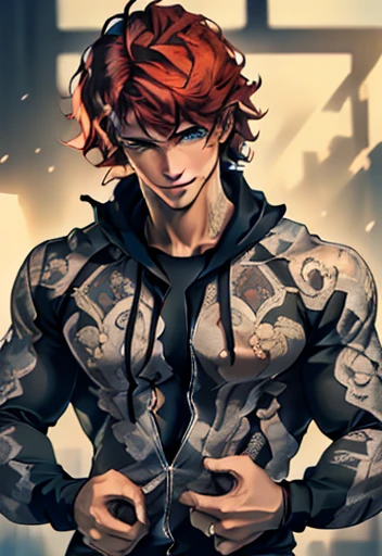 ((masterpiece)), (best quality), (absurdres), (photorealistic:1.4), auburn red hair, , hoodie with motor sports jacket , (tanned skin, tanned male skin), bangs, green eyes, handsome man, very short messy boy cut hair, smile, grin, :D