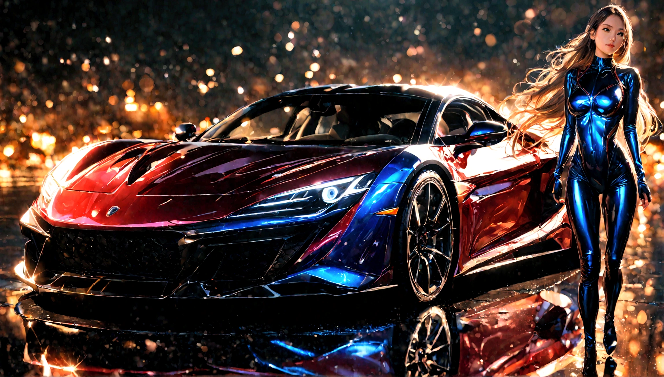 A beautiful, young woman in a skintight catsuit, leaning against the sleek, shiny body of a high-performance sports car, her long hair flowing in the wind, a confident and alluring expression on her face, 1girl, photorealistic, masterpiece, cinematic lighting, highly detailed, dynamic pose, luxury sports car, glossy metallic paint, reflection, bokeh, dramatic contrast, vibrant colors, movie still quality