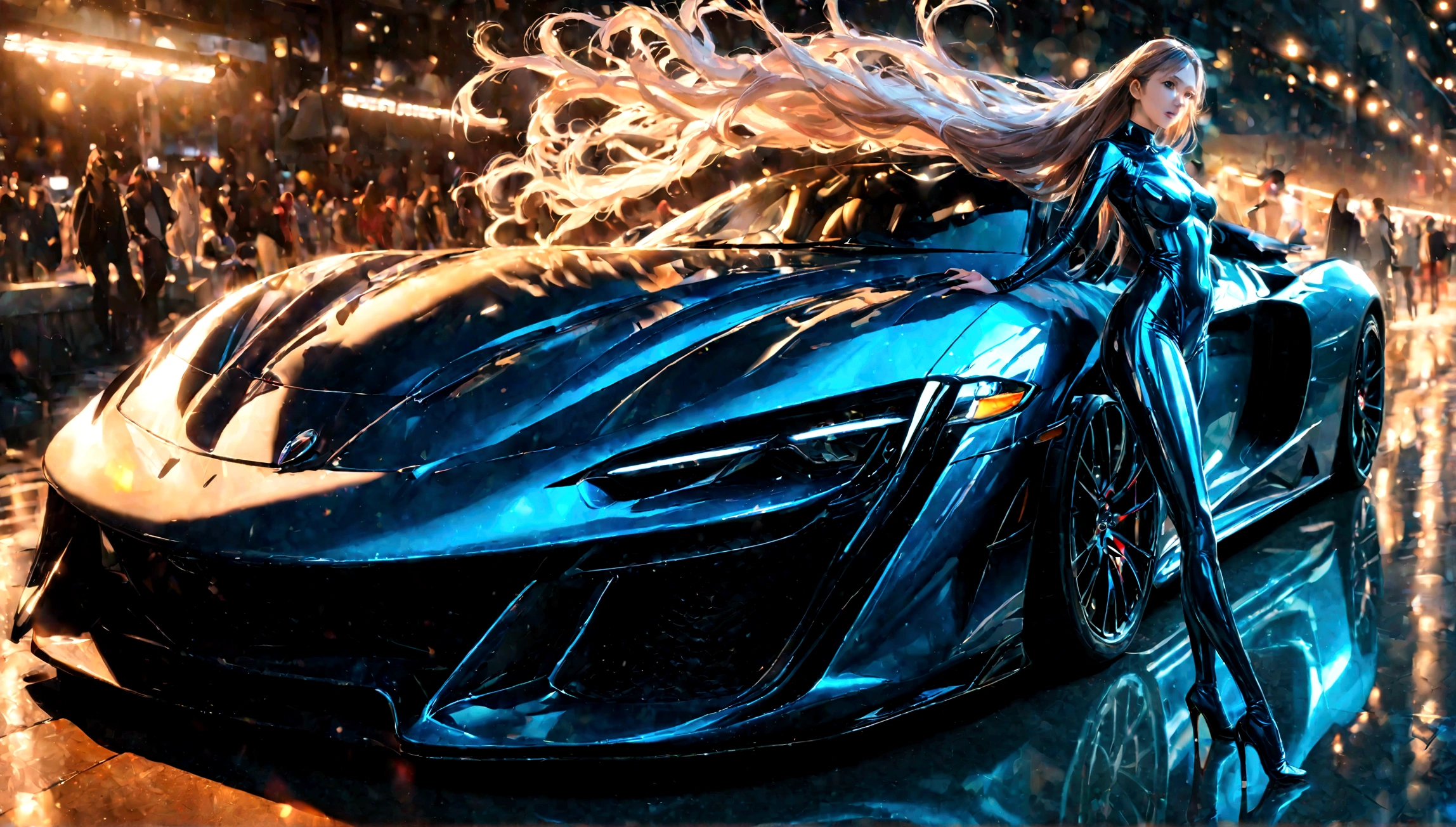 A beautiful, young woman in a skintight catsuit, leaning against the sleek, shiny body of a high-performance sports car, her long hair flowing in the wind, a confident and alluring expression on her face, 1girl, photorealistic, masterpiece, cinematic lighting, highly detailed, dynamic pose, luxury sports car, glossy metallic paint, reflection, bokeh, dramatic contrast, vibrant colors, movie still quality