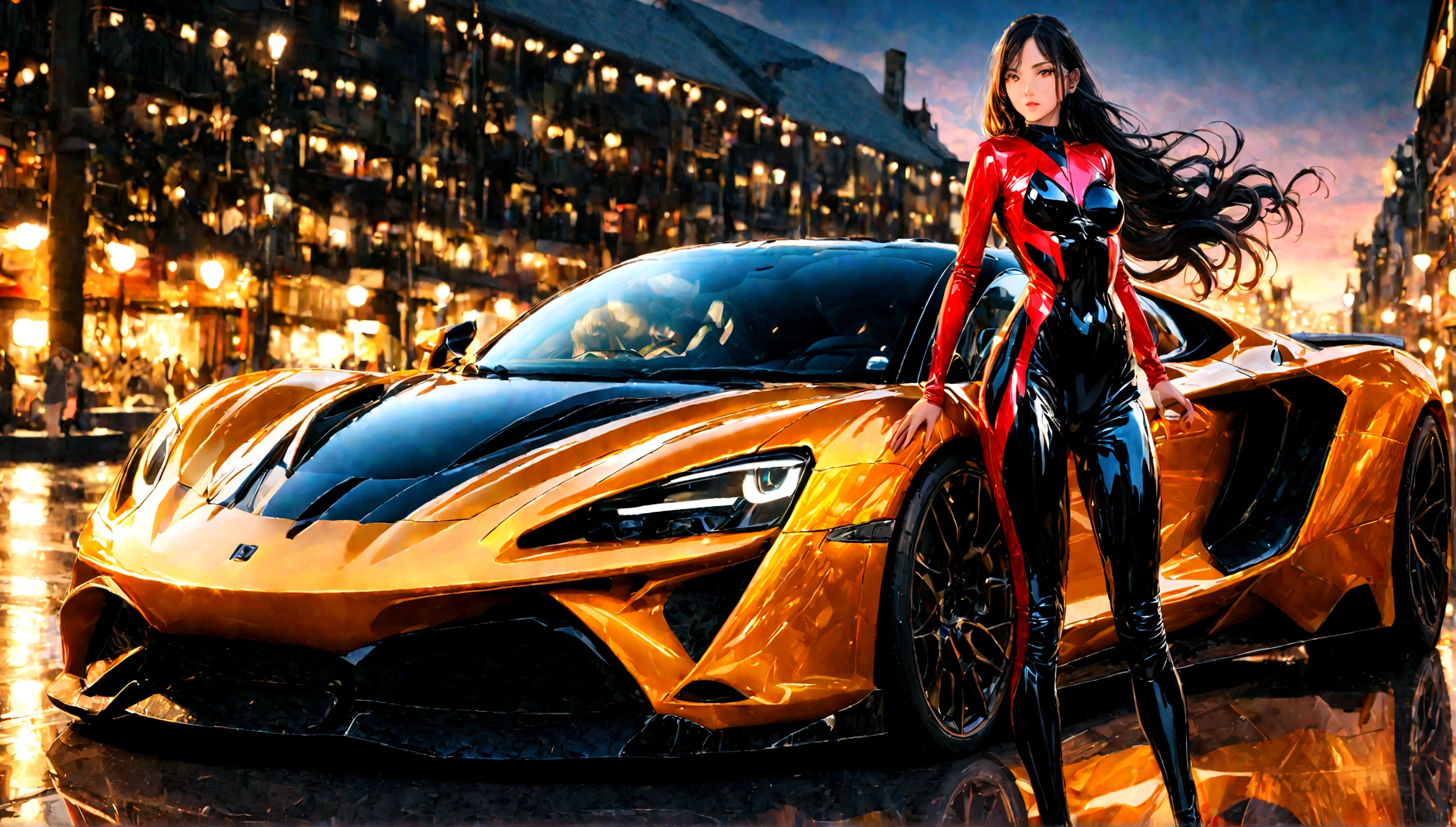 A beautiful, young woman in a skintight catsuit, leaning against the sleek, shiny body of a high-performance sports car, her long hair flowing in the wind, a confident and alluring expression on her face, 1girl, photorealistic, masterpiece, cinematic lighting, highly detailed, dynamic pose, luxury sports car, glossy metallic paint, reflection, bokeh, dramatic contrast, vibrant colors, movie still quality