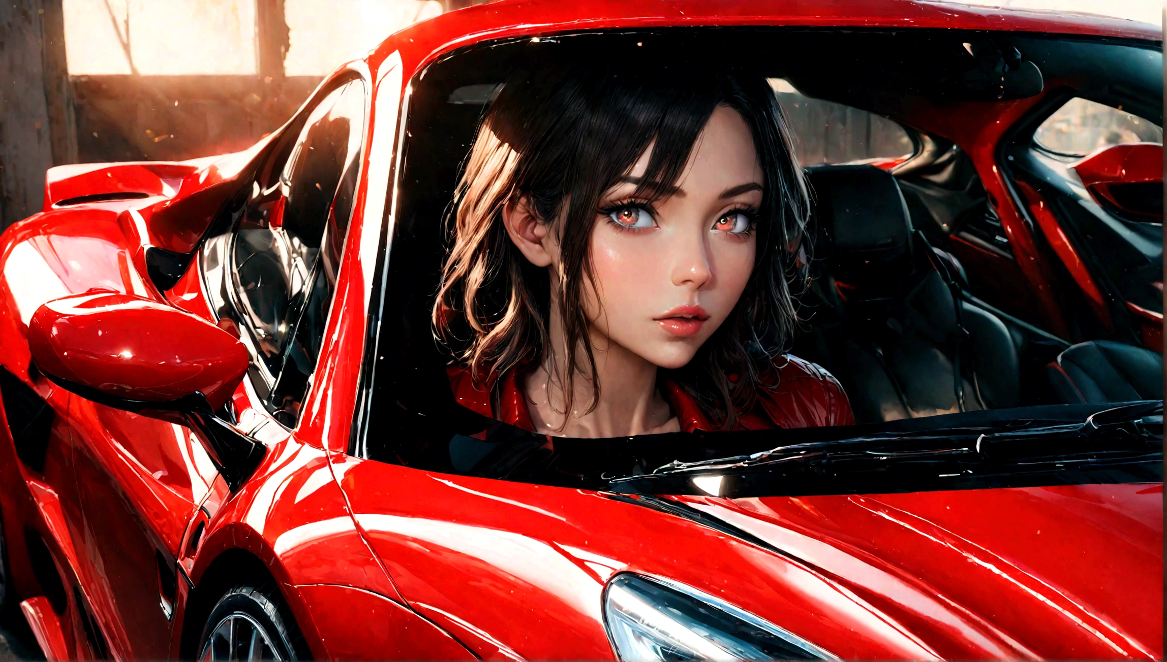 a sexy girl in a red sports car, beautiful detailed eyes, beautiful detailed lips, extremely detailed eyes and face, long eyelashes, slender body, confident pose, sports car, red sports car, detailed interior, chrome accents, shiny paint, dramatic lighting, cinematic composition, vibrant colors, photorealistic, 8k, best quality, masterpiece