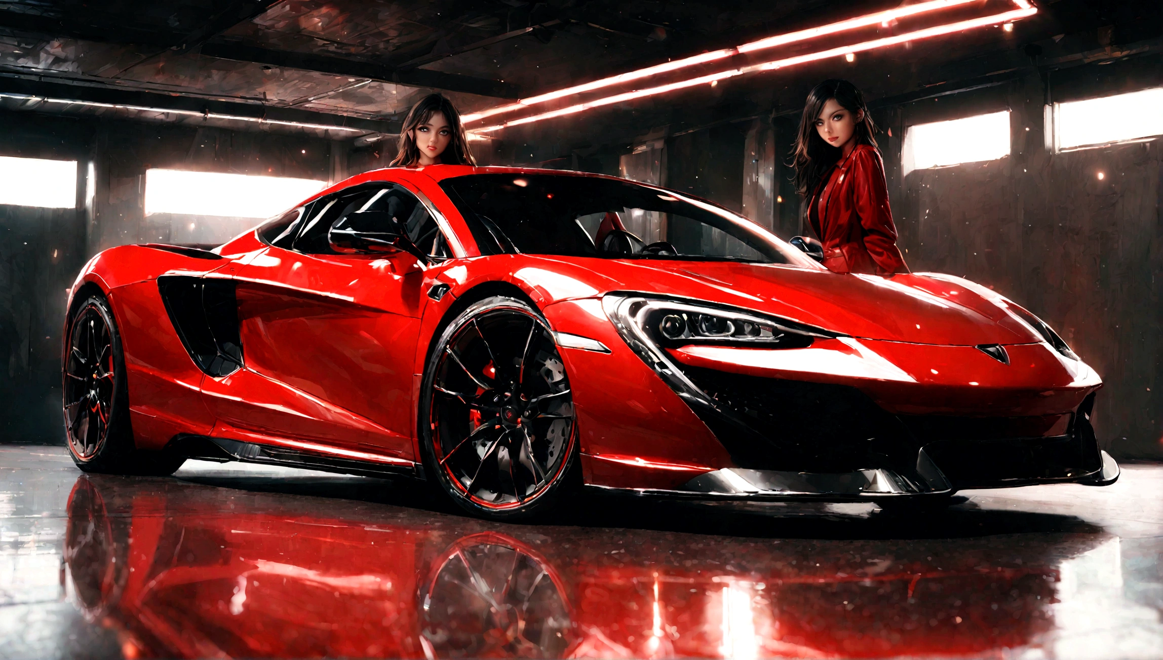 a sexy girl in a red sports car, beautiful detailed eyes, beautiful detailed lips, extremely detailed eyes and face, long eyelashes, slender body, confident pose, sports car, red sports car, detailed interior, chrome accents, shiny paint, dramatic lighting, cinematic composition, vibrant colors, photorealistic, 8k, best quality, masterpiece