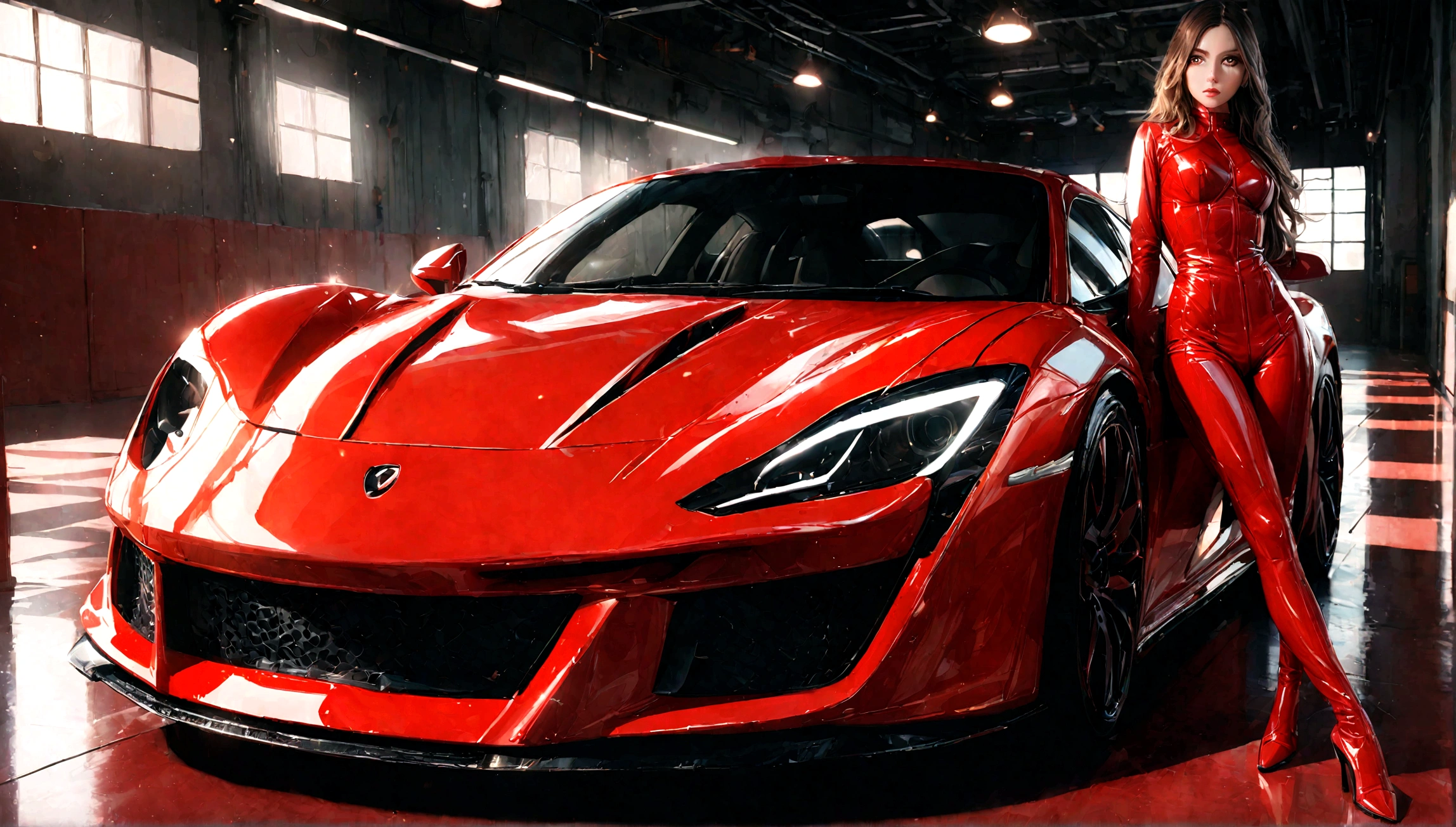 a sexy girl in a red sports car, beautiful detailed eyes, beautiful detailed lips, extremely detailed eyes and face, long eyelashes, slender body, confident pose, sports car, red sports car, detailed interior, chrome accents, shiny paint, dramatic lighting, cinematic composition, vibrant colors, photorealistic, 8k, best quality, masterpiece
