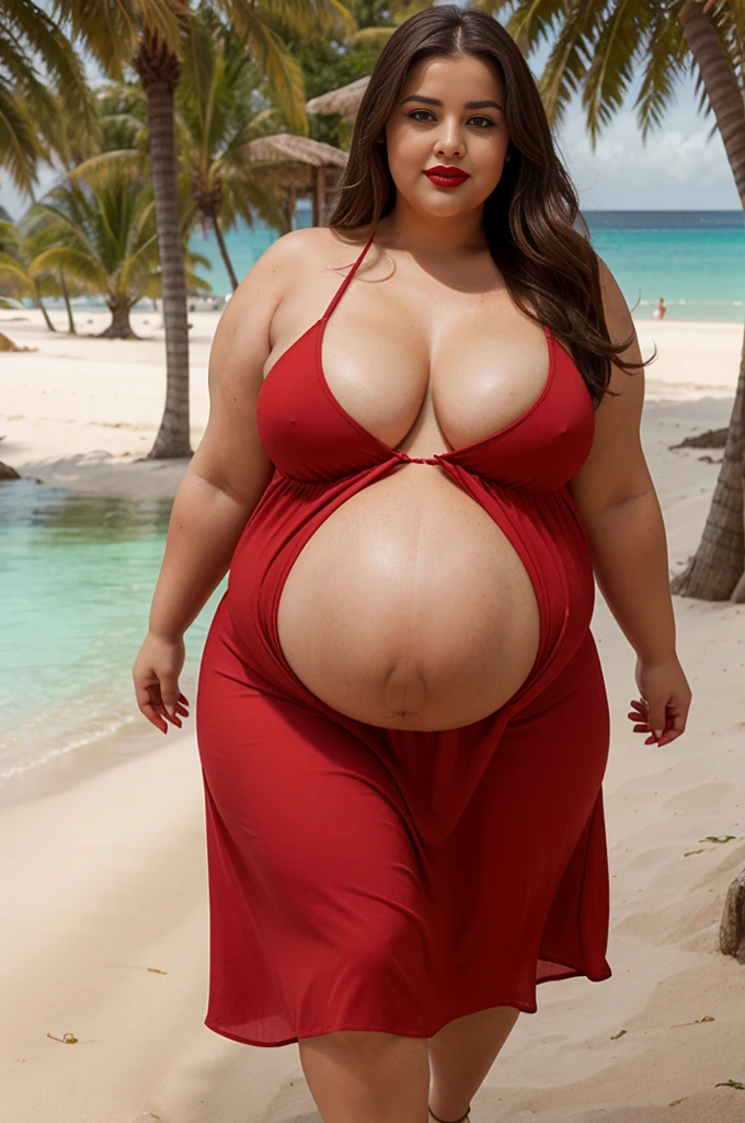 1 girl, morbidly obese seductive Spanish woman, red lips, long hair, (summer dress), (double chin), overweight, (pregnant belly), big breasts, make-up, exotic island, walking