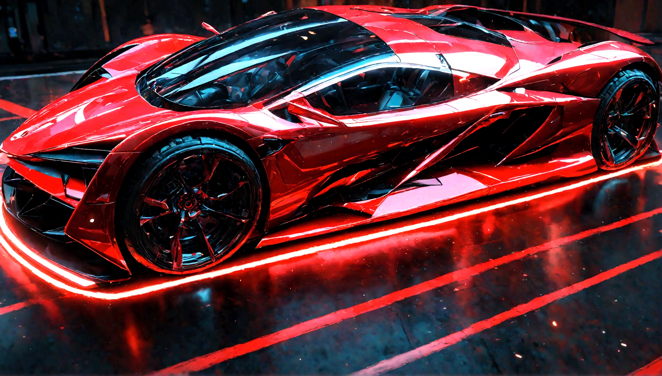 a futuristic supercar,highly detailed, 8k, photorealistic, glossy metallic finish, intricate mechanical parts, glowing neon accents, advanced aerodynamic design, sleek and angular body, vibrant red color, dramatic lighting, cinematic atmosphere, ground-level perspective