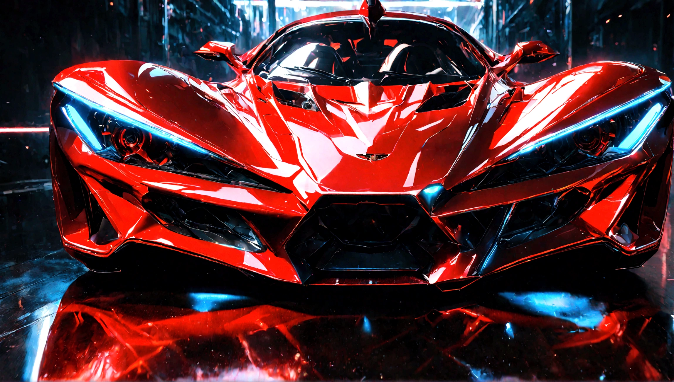 a futuristic supercar,highly detailed, 8k, photorealistic, glossy metallic finish, intricate mechanical parts, glowing neon accents, advanced aerodynamic design, sleek and angular body, vibrant red color, dramatic lighting, cinematic atmosphere, ground-level perspective