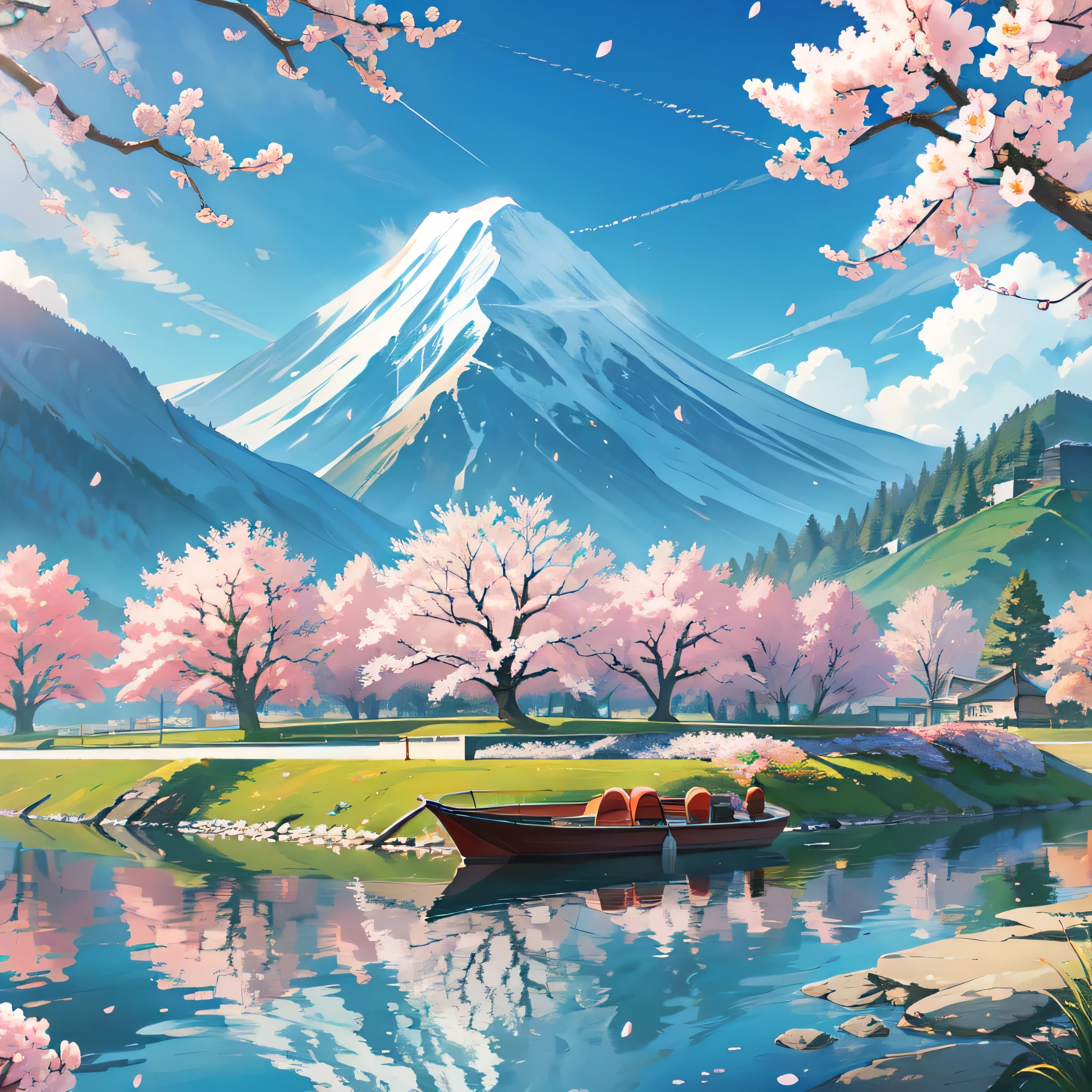 A spring landscape inspired by Japanese art, with a flowering field filled with cherry blossoms. The sun shines in the clear blue sky, illuminating the landscape with a soft light. On the bank of the river, there is a small red boat anchored, swaying gently in the water. In the background, a majestic mountain rises above the landscape.