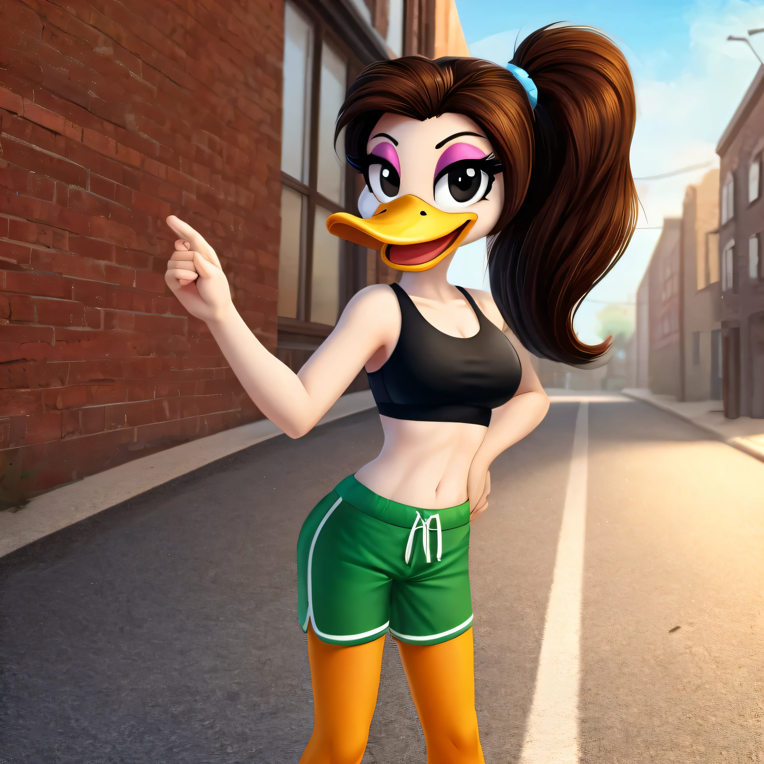 Almanda De Quack, female, brown ponytail hair, orange legs: 1.2, duck, wears sports bra, green shorts, happy, smiling, white skin, pink eyeshadow, black eyes, scut tail, mickey and the road racers, eyeliner, beak, standing, solo:1.2, duck, beak, eyeliner, black eyes, (outside), (looking at viewer), (showing her torso)