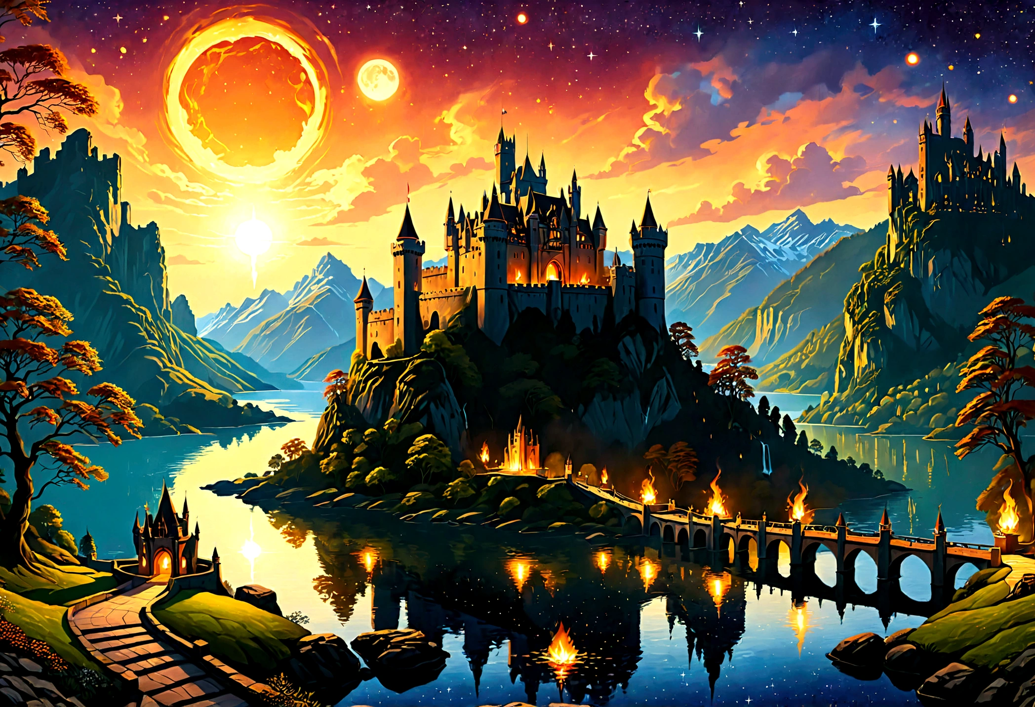 Arafed, an award winning picture, National Geographic style, magnificent artistic picture of a castle on a mountain range near a lake at dusk, fantasy art D&D art, castle, with towers, turrets, barbican, it is dusk time, the sun is going down, and there are stars in the skies, the last rays of sun, there is a ((bridge lit by torches: 1.4)) crossing to the other side, fantasy forest background, ultra best realistic, best details, 16k, [ultra detailed], masterpiece, best quality, (extremely detailed), photorealism, depth of field, hyper realistic painting, Cinematic Hollywood Film style, 