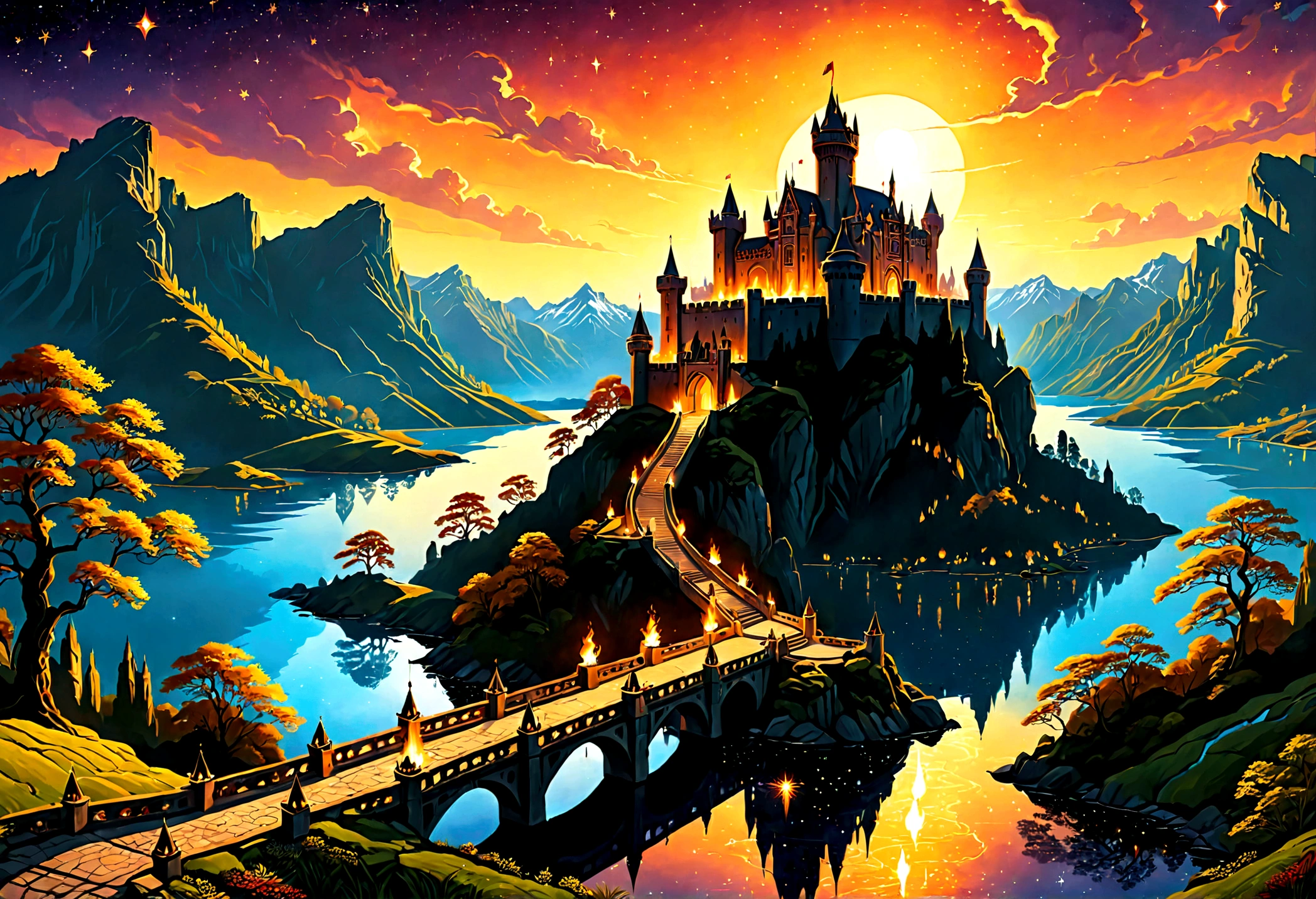 Arafed, an award winning picture, National Geographic style, magnificent artistic picture of a castle on a mountain range near a lake at dusk, fantasy art D&D art, castle, with towers, turrets, barbican, it is dusk time, the sun is going down, and there are stars in the skies, the last rays of sun, there is a ((bridge lit by torches: 1.4)) crossing to the other side, fantasy forest background, ultra best realistic, best details, 16k, [ultra detailed], masterpiece, best quality, (extremely detailed), photorealism, depth of field, hyper realistic painting, Cinematic Hollywood Film style, 