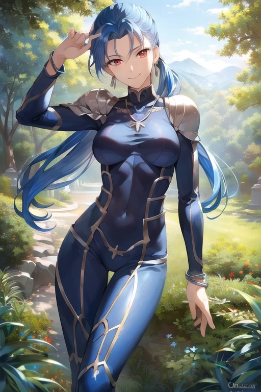 ((masterpiece)), ((best quality)), (ultra-detailed), absurdres, extremely detailed CG unity 8k wallpaper, Official Art, Accurate describe shapes, beautiful face, detailed hands, expressive eyes, upper body, looking at viewer, solo, (realistic), close-up, (standing, arm at side, smile:1.2), (forest, scenery, illustration, dramatic light:1.1), (1girl, mature female, medium breasts, blue hair, long hair, low ponytail, red eyes:1.4), (blue bodysuit, bracelet, earrings, jewelry, necklace, shoulder armor:1.3), cu chulainn \(fate\), ,((masterpiece)), absurdres, HDR, genderswap \(mtf\),