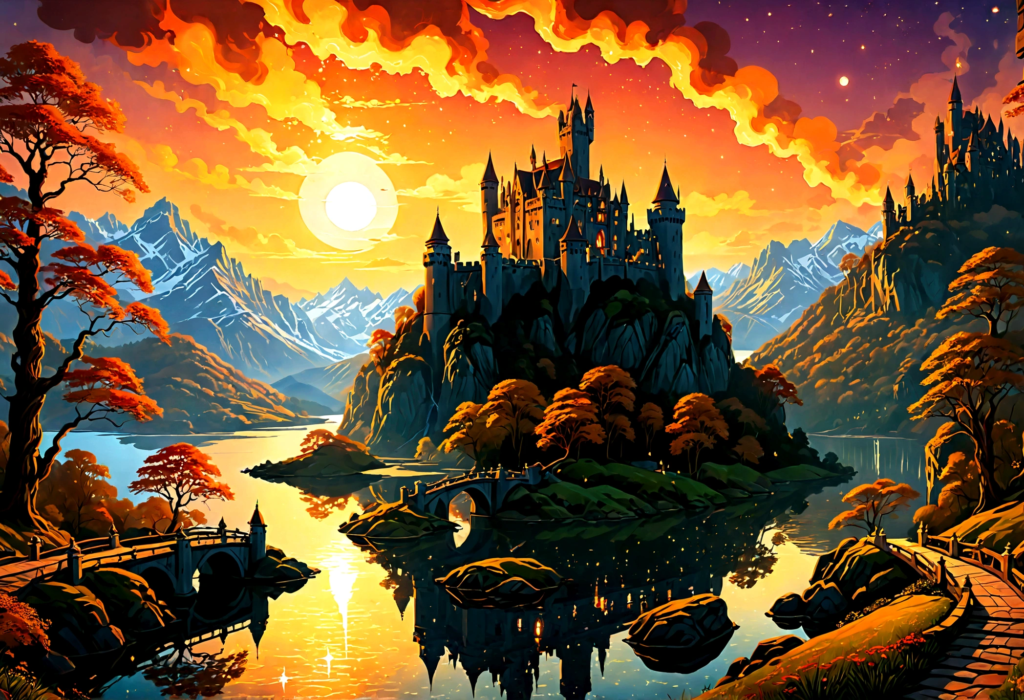 Arafed, an award winning picture, National Geographic style, magnificent artistic picture of a castle on a mountain range near a lake at dusk, fantasy art D&D art, castle, with towers, turrets, barbican, it is dusk time, the sun is going down, and there are stars in the skies, the last rays of sun, there is a ((bridge lit by torches: 1.4)) crossing to the other side, fantasy forest background, ultra best realistic, best details, 16k, [ultra detailed], masterpiece, best quality, (extremely detailed), photorealism, depth of field, hyper realistic painting, Cinematic Hollywood Film style, 