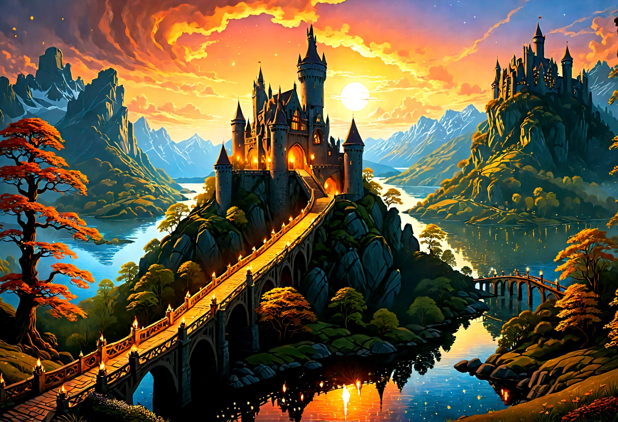 Arafed, an award winning picture, National Geographic style, magnificent artistic picture of a castle on a mountain range near a lake at dusk, fantasy art D&D art, castle, with towers, turrets, barbican, it is dusk time, the sun is going down, and there are stars in the skies, the last rays of sun, there is a ((bridge lit by torches: 1.4)) crossing to the other side, fantasy forest background, ultra best realistic, best details, 16k, [ultra detailed], masterpiece, best quality, (extremely detailed), photorealism, depth of field, hyper realistic painting, Cinematic Hollywood Film style, 