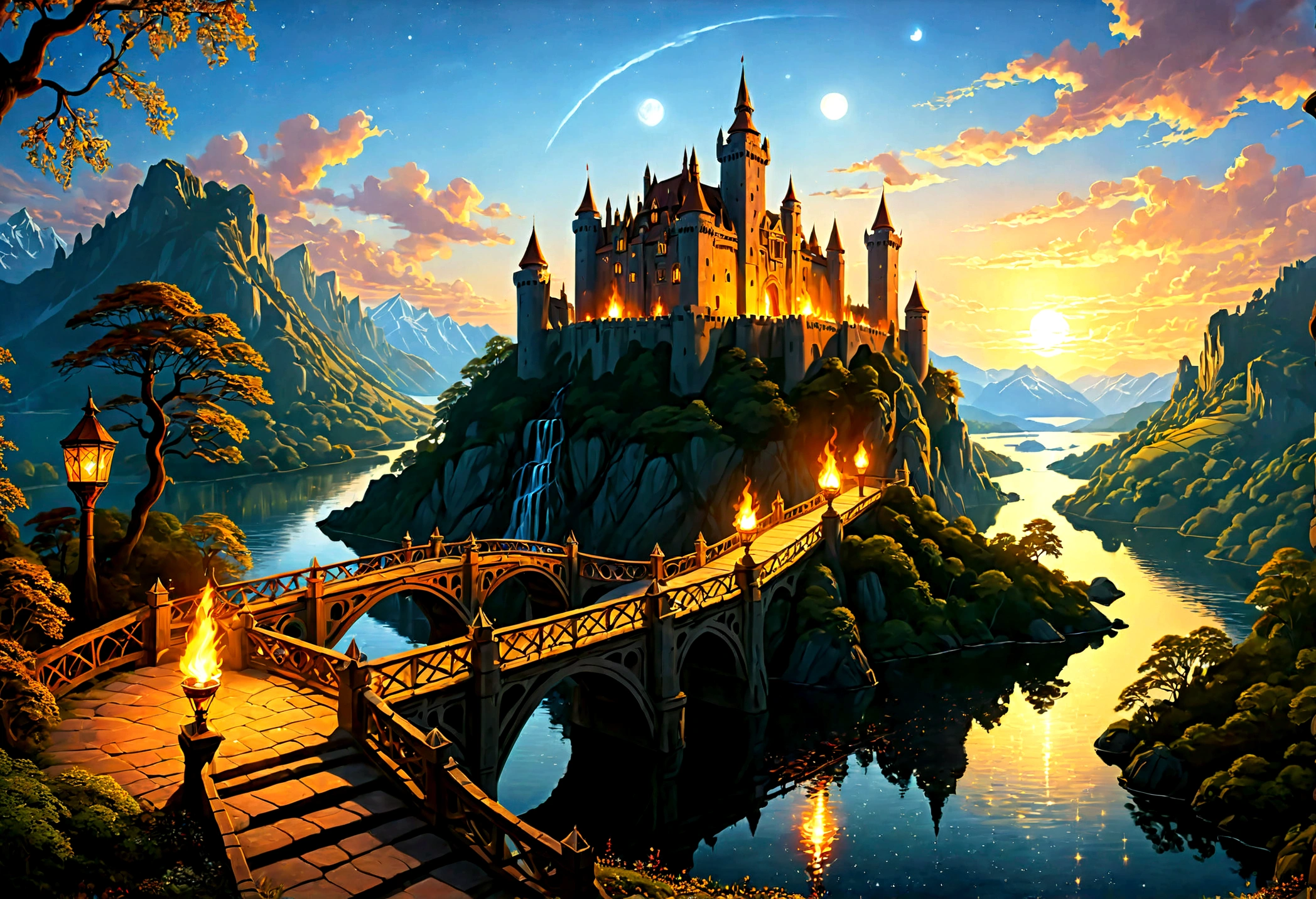 Arafed, an award winning picture, National Geographic style, magnificent artistic picture of a castle on a mountain range near a lake at dusk, fantasy art D&D art, castle, with towers, turrets, barbican, it is dusk time, the sun is going down, and there are stars in the skies, the last rays of sun, there is a ((bridge lit by torches: 1.4)) crossing to the other side, fantasy forest background, ultra best realistic, best details, 16k, [ultra detailed], masterpiece, best quality, (extremely detailed), photorealism, depth of field, hyper realistic painting, Cinematic Hollywood Film style, 