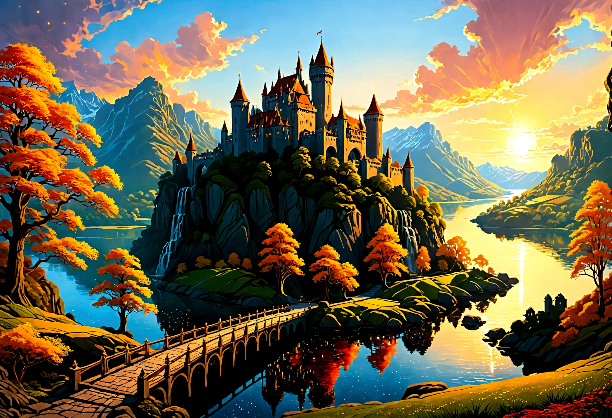 Arafed, an award winning picture, National Geographic style, magnificent artistic picture of a castle on a mountain range near a lake at dusk, fantasy art D&D art, castle, with towers, turrets, barbican, it is dusk time, the sun is going down, and there are stars in the skies, the last rays of sun, there is a ((bridge lit by torches: 1.4)) crossing to the other side, fantasy forest background, ultra best realistic, best details, 16k, [ultra detailed], masterpiece, best quality, (extremely detailed), photorealism, depth of field, hyper realistic painting, Cinematic Hollywood Film style, 