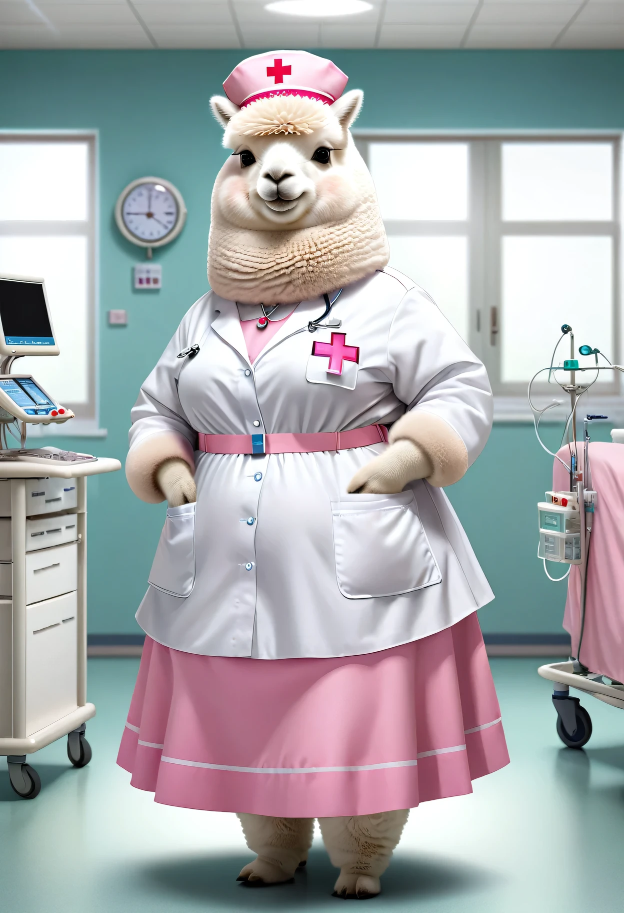 photorealistic portrait of Dressed animals - a ((fat)) white alpaca nurse,(elegant pose:1.2),(hands in pockets:1.5), (elegant smile:1.2),(),high quality,(lovely) ,intricate details, highly detailed ((pink nurse costume)), wearing skirt , highly detailed medical equipment , (happy), perfect room lighting,(full body image:1.5),(hospital background:2.0)