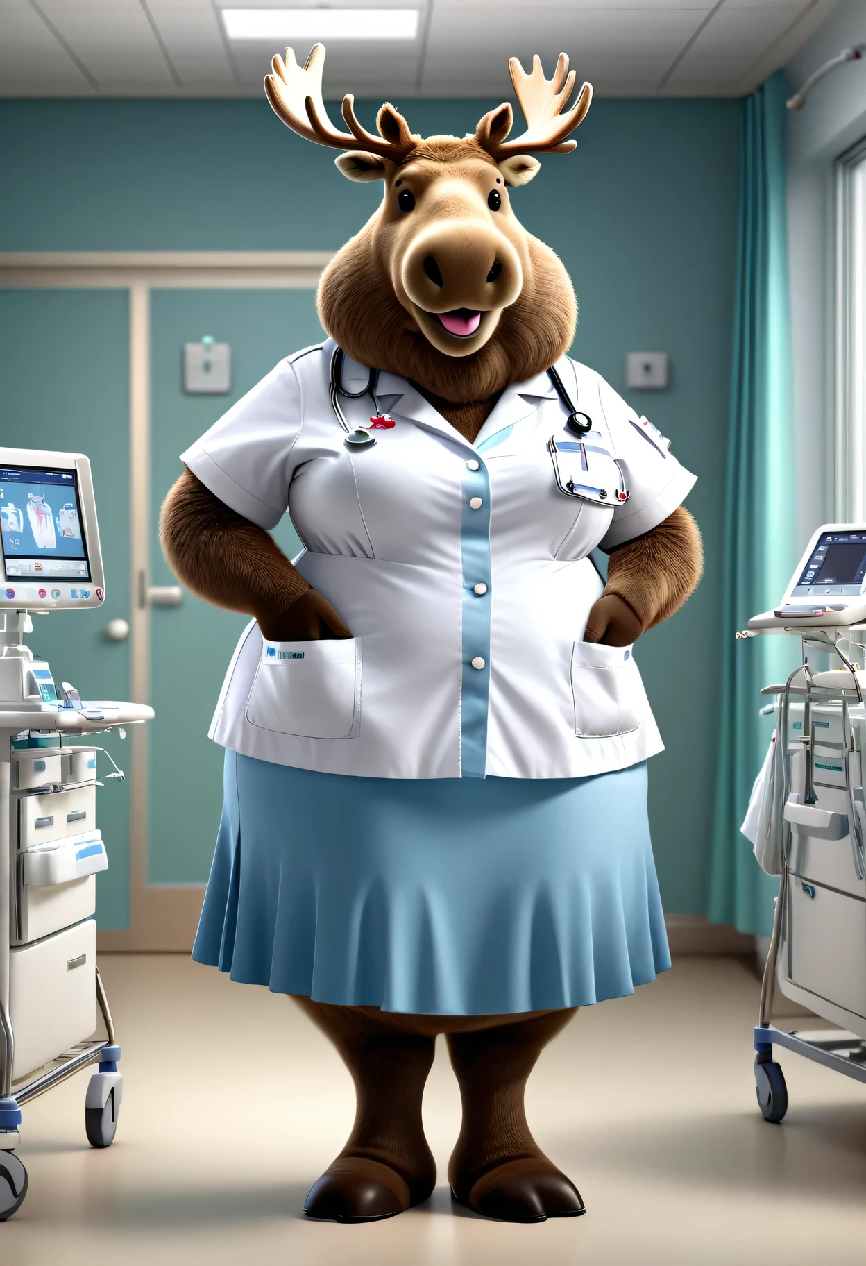 photorealistic portrait of Dressed animals - a ((fat)) moose nurse,(elegant pose:1.2),(hands in pockets:1.5), (elegant smile:1.2),(),high quality,(lovely) ,intricate details, highly detailed (( nurse costume)), wearing skirt , highly detailed medical equipment , (happy), perfect room lighting,(full body image:1.5),(hospital background:2.0)