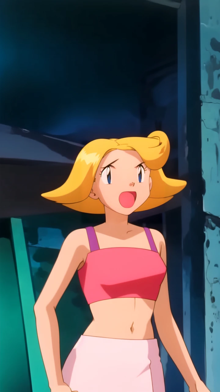 Pokemonstyle, blonde hair girl , embarrassed, belly button 