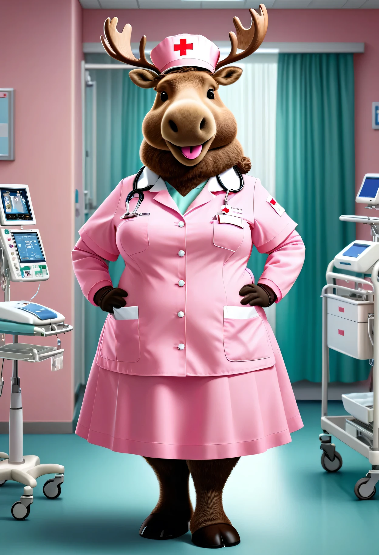 photorealistic portrait of Dressed animals - a ((fat)) moose nurse,(elegant pose:1.2),(hands in pockets:1.5), (elegant smile:1.2),(),high quality,(lovely) ,intricate details, highly detailed ((pink nurse costume)), wearing nurse cap and skirt , highly detailed medical equipment , (happy), perfect room lighting,(full body image:1.5),(hospital background:2.0)