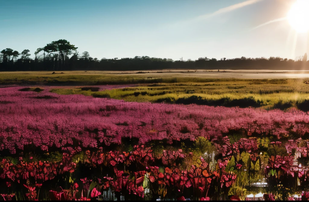 Pitcher plants in a bog under full sunlight.