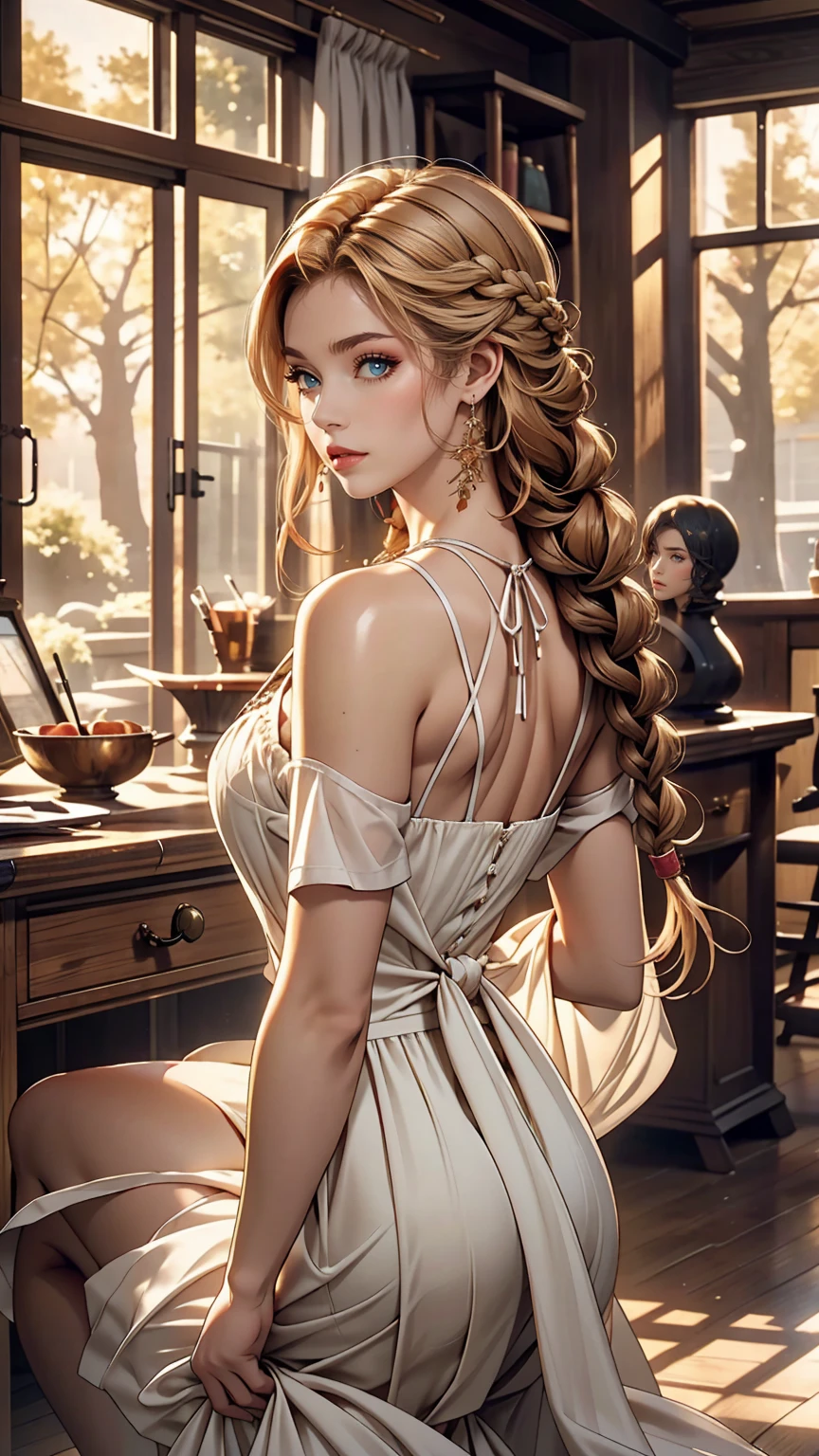 Young Scandinavian woman, Cute Face, Fascinating, highest quality, masterpiece, Translucent summer dress, Golden Hour, Detailed Texture, Long braided hair, Pause, カジュアルなPause, Wooden cottage, interior, [blush], beautiful, complicated, Caustics, light, sunlight, (((Soft lips))), (((Glossy lips))), Very detailed, (Semi-realistic:1.2), Niroudef, Redhead、Sexy proportions、