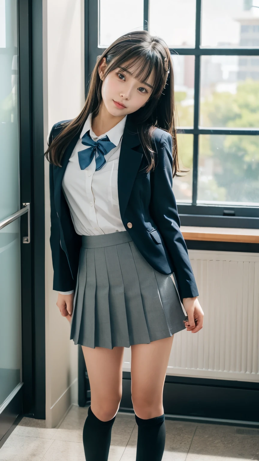 Great quality、8k、flying debris、(RAW Photos:1.4)、High resolution、((Composition away from the subject))、((Full body photo from face to ankles))、((Perfect Anatomy))、1 female 14 years old、Small stature、Detailed skin、Glowing Skin、Baby Face、double eyelid、eyes with long eyelashes、Small face、smile、Open your mouth、Staring out the window in the school hallway、Stretch your back、The windows provide natural light、Realistic school scenery、middle School girl、Blue and grey school bag on shoulder、Slender and delicate body、Small breasts、A blazer uniform with green lines、girl 、Check skirt、healthy、young woman、black tights、black tights、Brown loafers、loafers、Full Body Shot、Beautiful Hairstyles、Accentuates very slim legs
