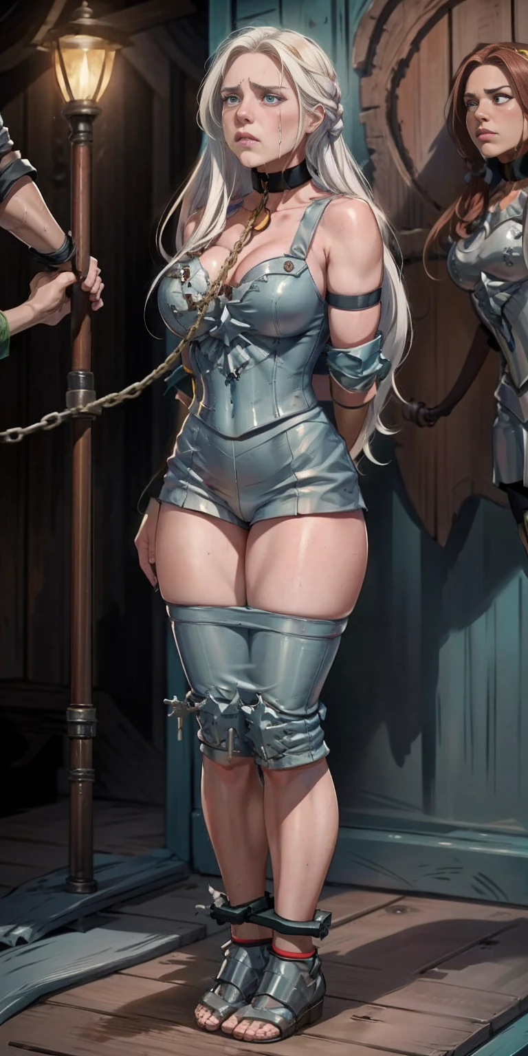 (masterpiece, best quality), intricate details, 1girl, 1girl in, age19, Solo, Long hair, Colossal, Looking at Viewer, whitish silver hair (standing full body toe to head by wooden pole:1.2) iron collar, arms behind back, iron cuffs, shackles, bound, bondage outfit, harness, o-ring, bondage outfit blindfolded, happy red cheeks, chain leash collar choker neck bell shackles wristbands bracers bracelets, cleave gag, sad face, red cheeks, crying tears, painful (she was sold and betrayed by her own family)