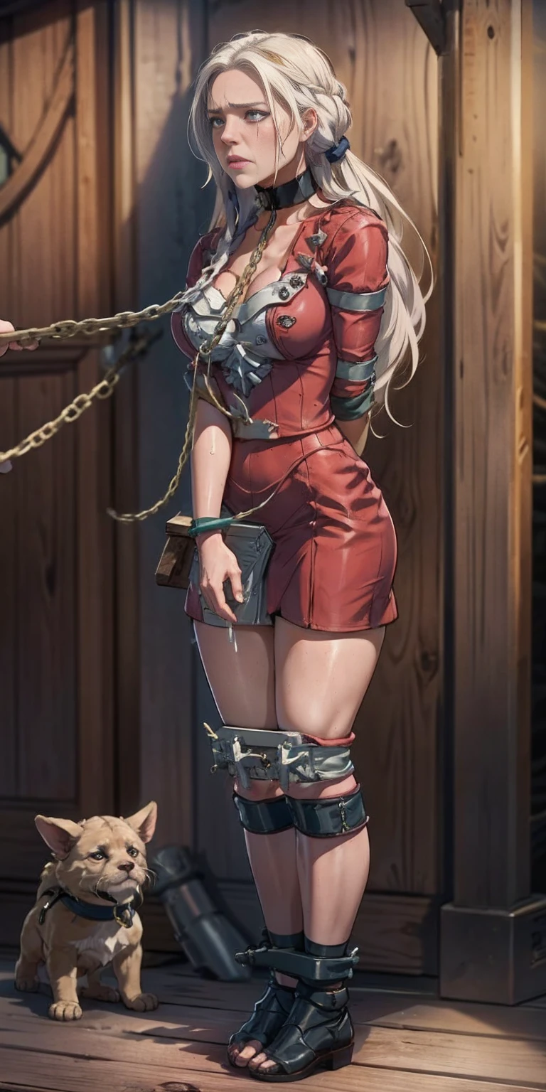 (masterpiece, best quality), intricate details, 1girl, 1girl in, age19, Solo, Long hair, Colossal, Looking at Viewer, whitish silver hair (standing full body toe to head by wooden pole:1.2) iron collar, arms behind back, iron cuffs, shackles, bound, bondage outfit, harness, o-ring, bondage outfit blindfolded, happy red cheeks, chain leash collar choker neck bell shackles wristbands bracers bracelets, cleave gag, sad face, red cheeks, crying tears, painful (she was sold and betrayed by her own family)