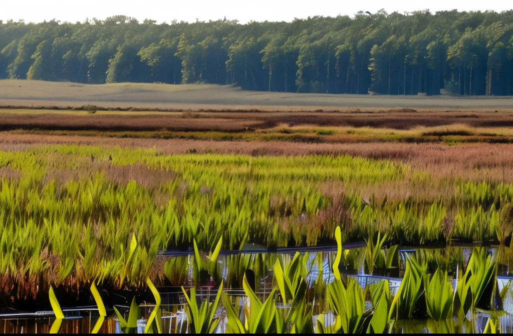 Pitcher plants in a bog under full sunlight.