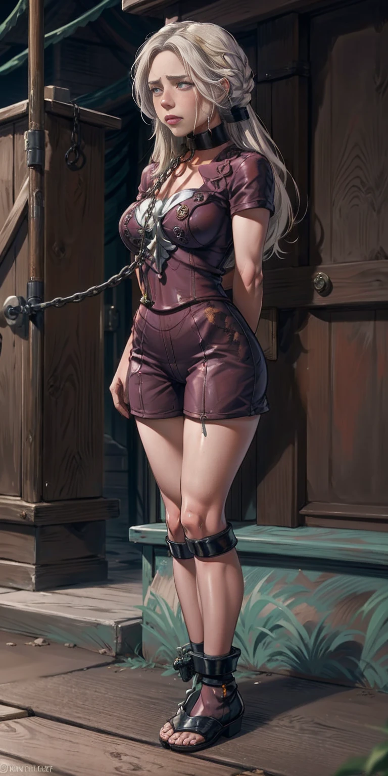 (masterpiece, best quality), intricate details, 1girl, 1girl in, age19, Solo, Long hair, Colossal, Looking at Viewer, whitish silver hair (standing full body toe to head by wooden pole:1.2) iron collar, arms behind back, iron cuffs, shackles, bound, bondage outfit, harness, o-ring, bondage outfit blindfolded, happy red cheeks, chain leash collar choker neck bell shackles wristbands bracers bracelets, cleave gag, sad face, red cheeks, crying tears, painful (she was sold and betrayed by her own family)