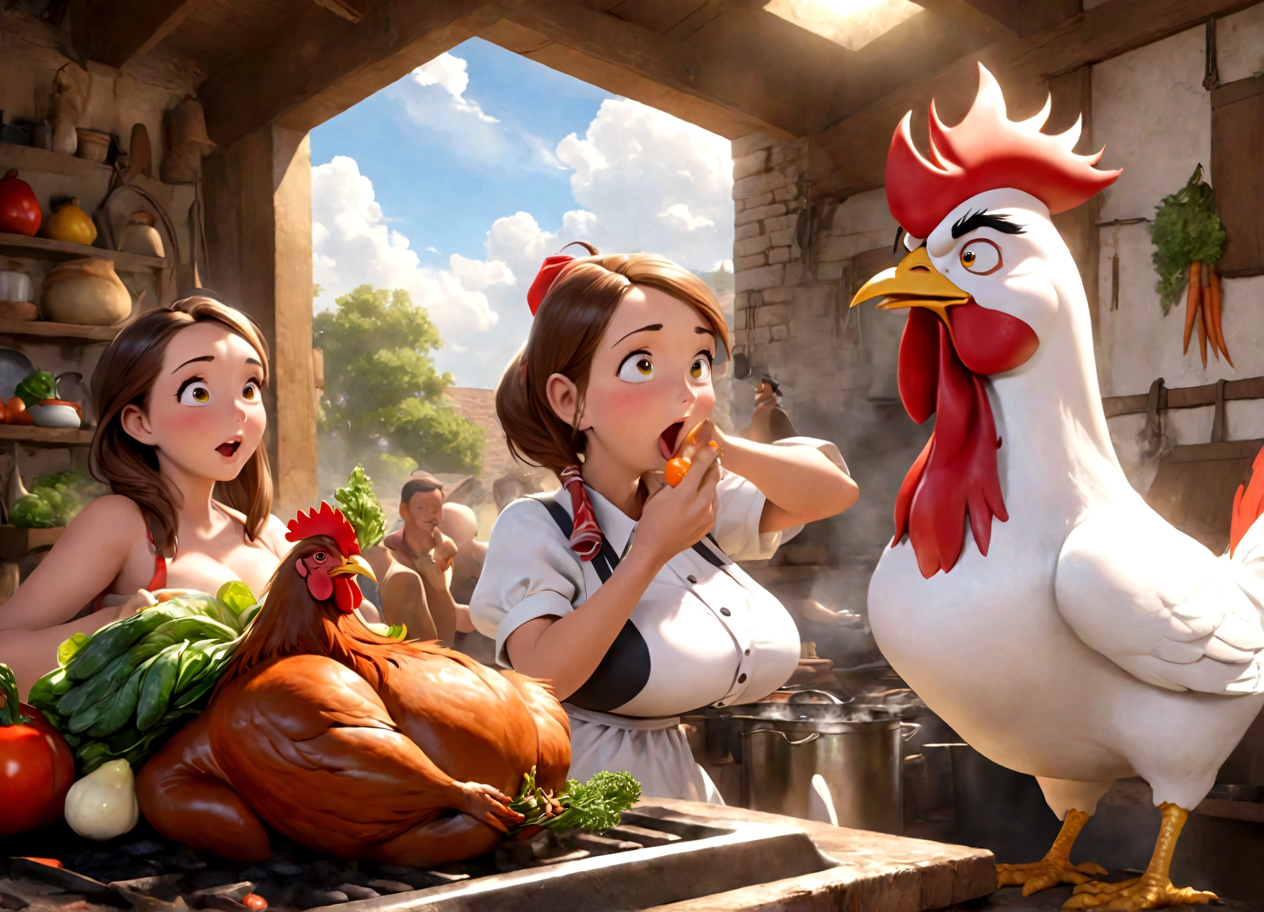 A classic 50s Looney Tunes style cartoon, Foghorn Leghorn the rooster swaggering and flirting with a cute farm woman as she prepares vegetables to roast, highly detailed, beautiful colors, dynamic and humorous scene, (best quality,8k,highres,masterpiece:1.2),ultra-detailed,(realistic,photorealistic,photo-realistic:1.37),vibrant colors,warm lighting,3D render,Foghorn Leghorn as a cartoon character with exaggerated features,beautiful detailed farm woman with cute facial expressions,detailed vegetables and cooking scene,dynamic poses and expressions,humorous and lively atmosphere