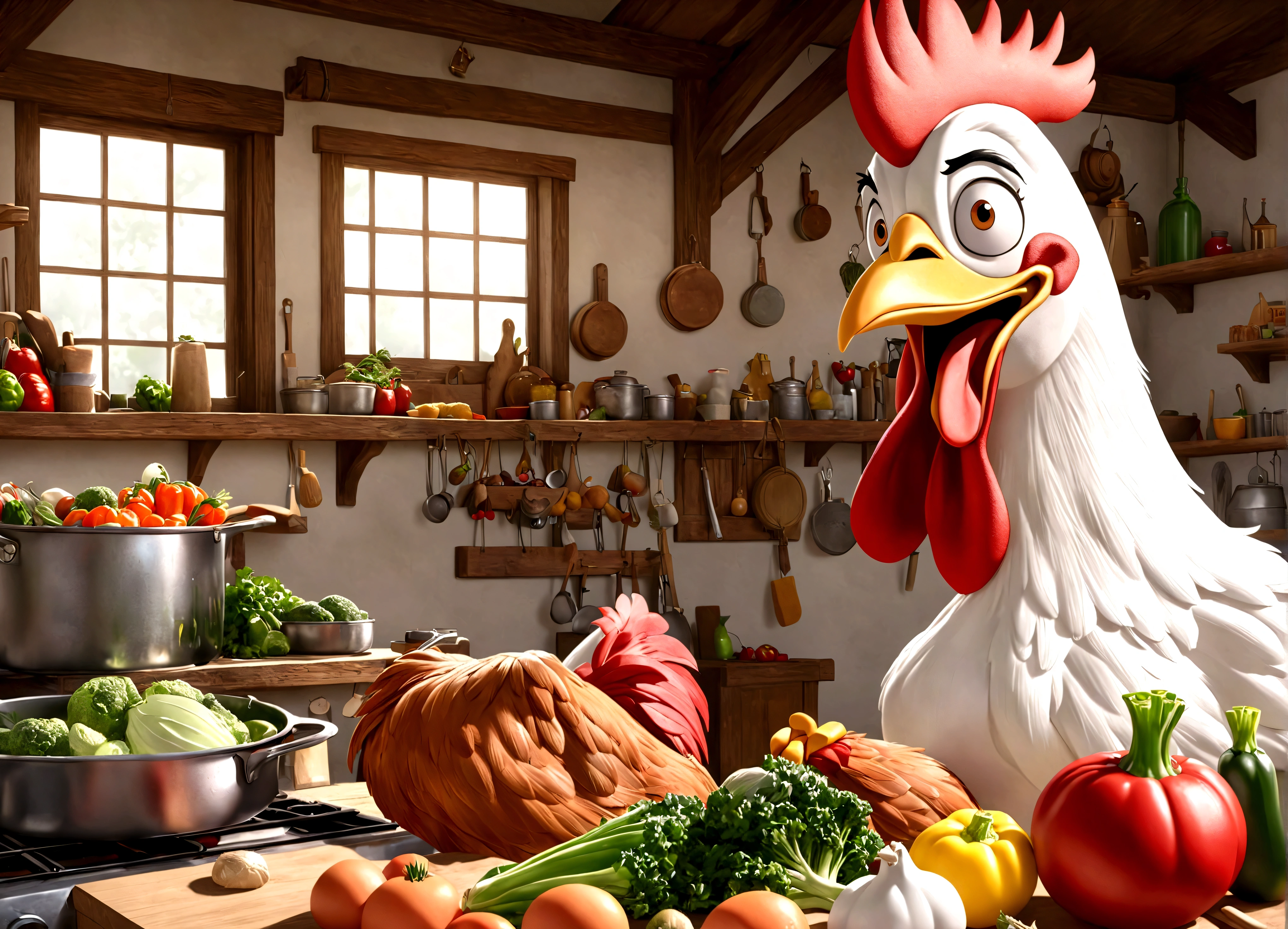 A classic 50s Looney Tunes style cartoon, Foghorn Leghorn the rooster swaggering and flirting with a cute farm woman as she prepares vegetables to roast, highly detailed, beautiful colors, dynamic and humorous scene, (best quality,8k,highres,masterpiece:1.2),ultra-detailed,(realistic,photorealistic,photo-realistic:1.37),vibrant colors,warm lighting,3D render,Foghorn Leghorn as a cartoon character with exaggerated features,beautiful detailed farm woman with cute facial expressions,detailed vegetables and cooking scene,dynamic poses and expressions,humorous and lively atmosphere
